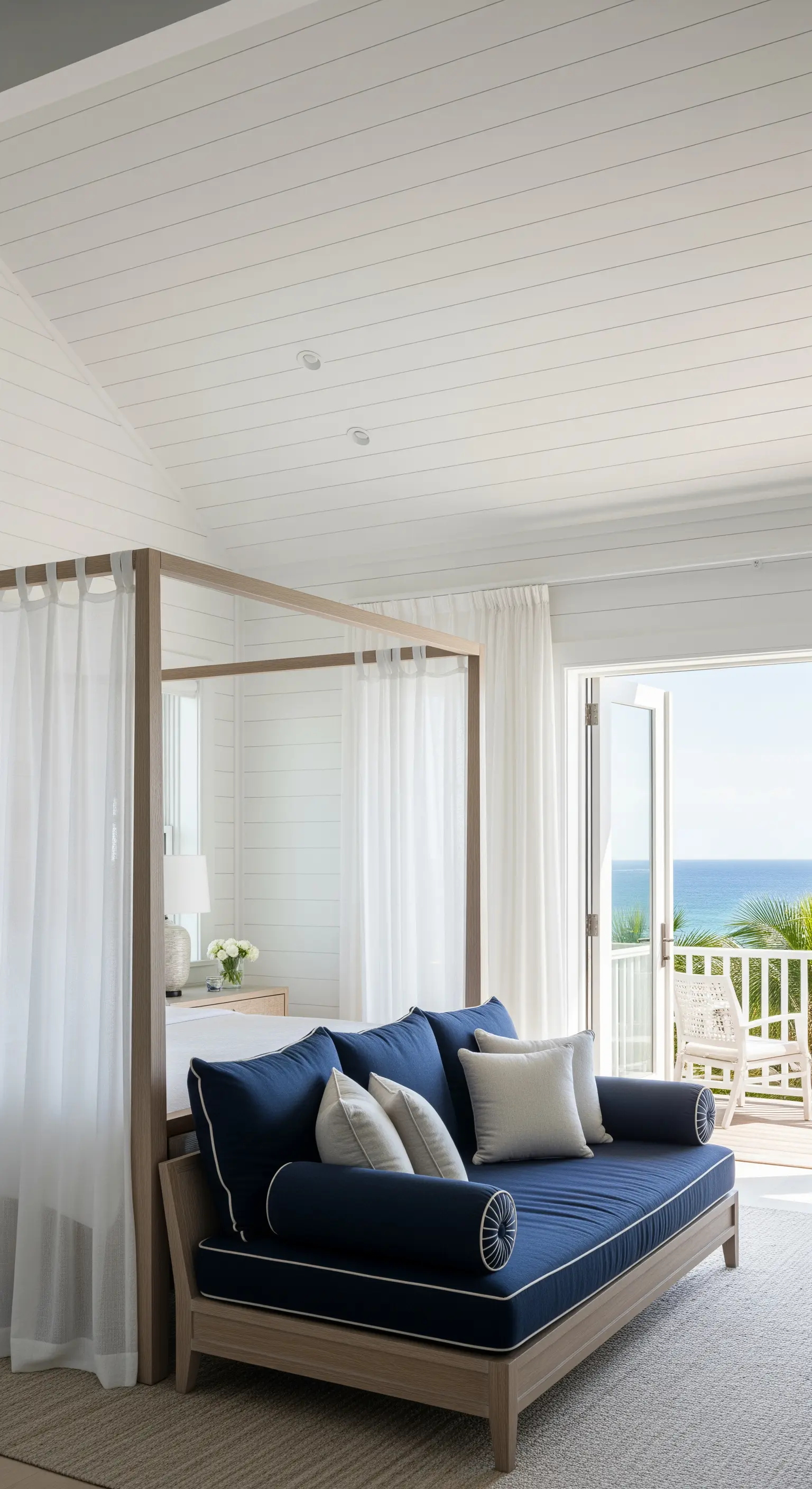 Modernes Himmelbett mit einem marineblauen Daybed am Fußende und Blick aufs Meer.