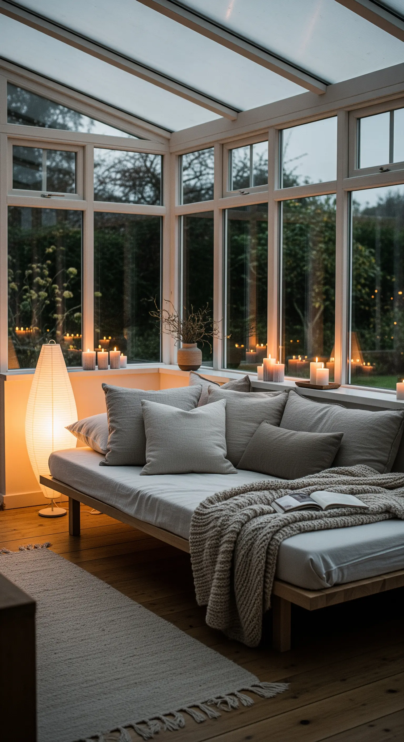 Gemütliches Daybed mit Strickdecke und Papierlampe im Japandi-Wintergarten.