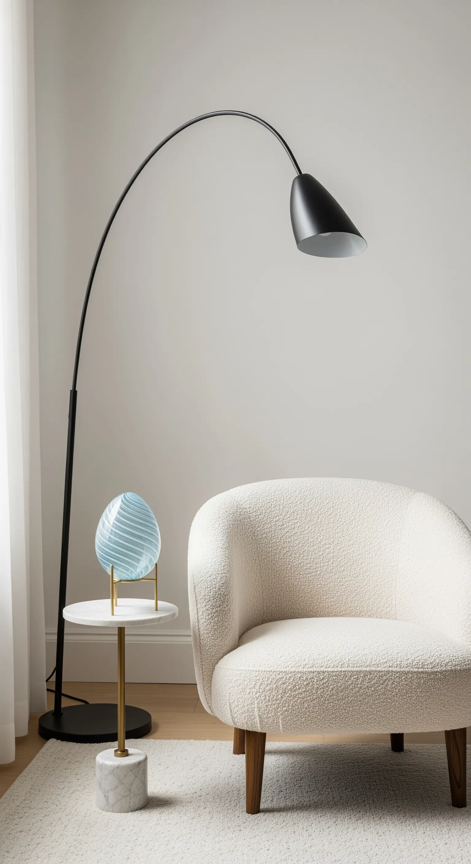 Ein skulpturales Glasei auf einem Marmor-Beistelltisch neben einem Sessel.