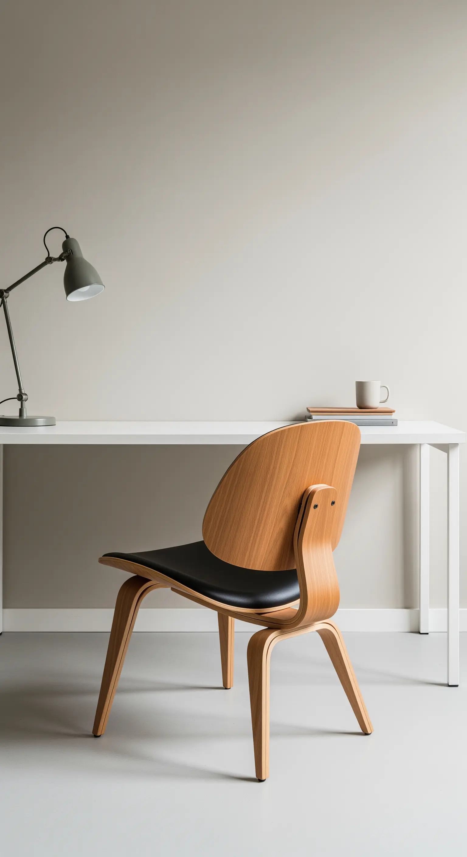 Minimalistischer weißer Schreibtisch mit einem ikonischen Designer-Stuhl aus geformtem Holz.