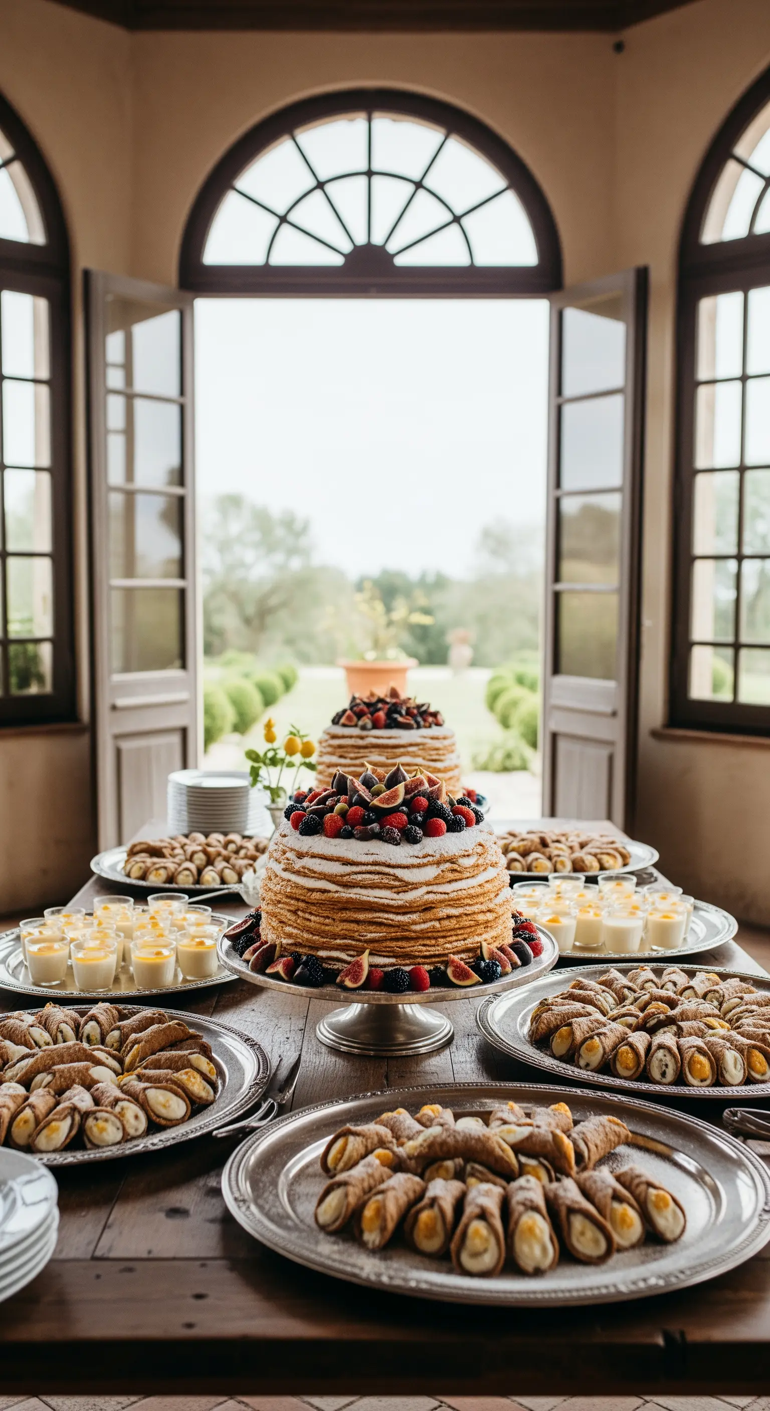 Opulenter Desserttisch mit einer Millefoglie-Torte, Cannoli und Cremes auf Silberplatten vor einem Fenster