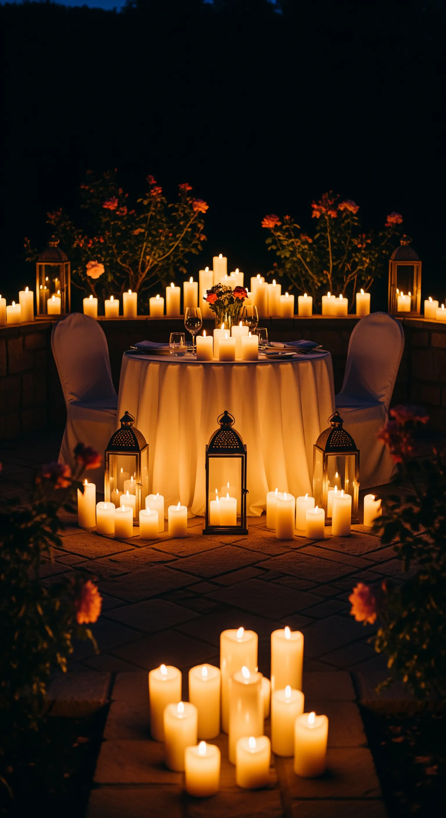 Romantisches Abendessen für zwei, umgeben von unzähligen brennenden Kerzen und Laternen