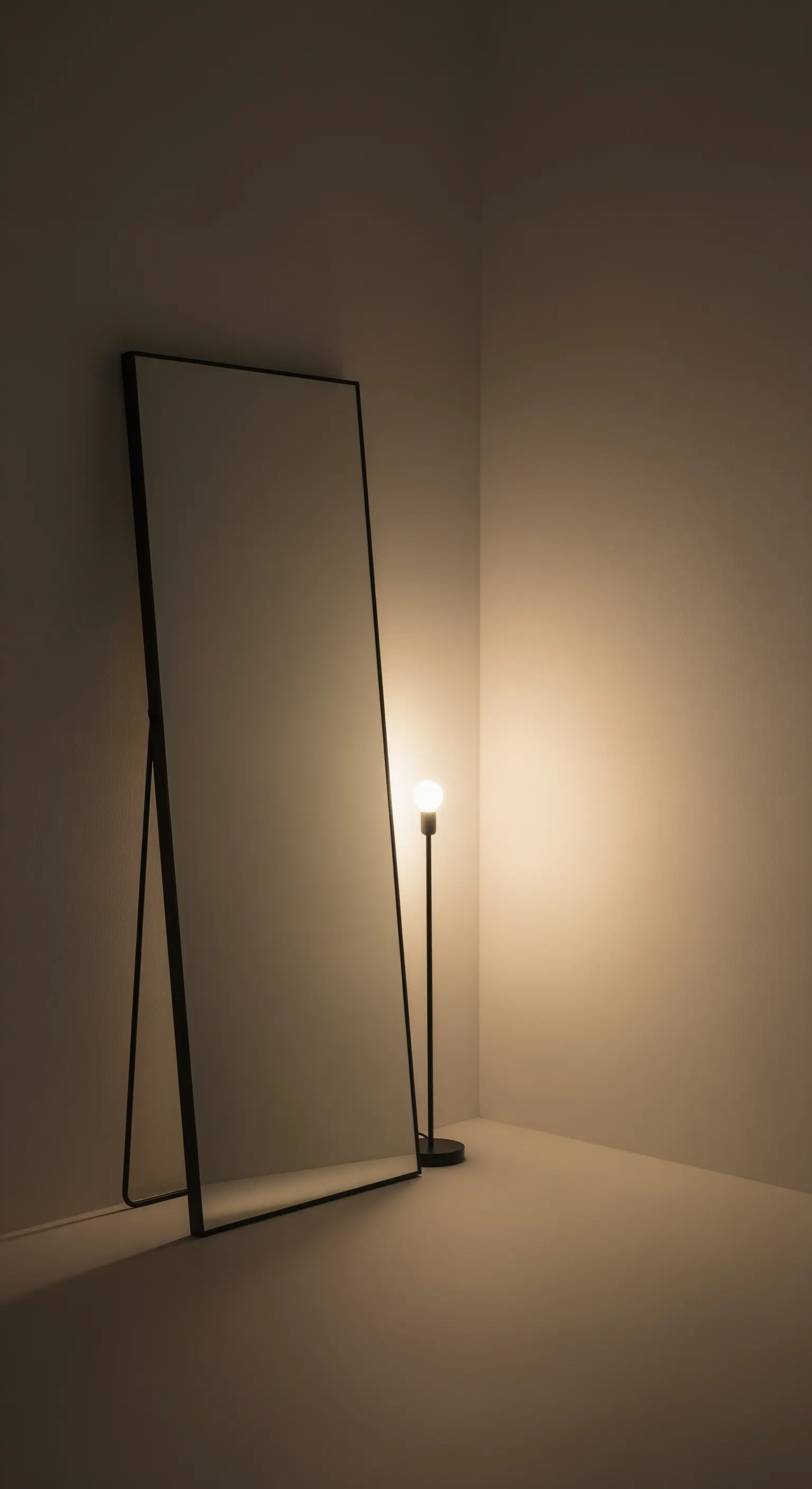 Schlanke, minimalistische Stehlampe, die hinter einem großen, schwarzen Standspiegel leuchtet.