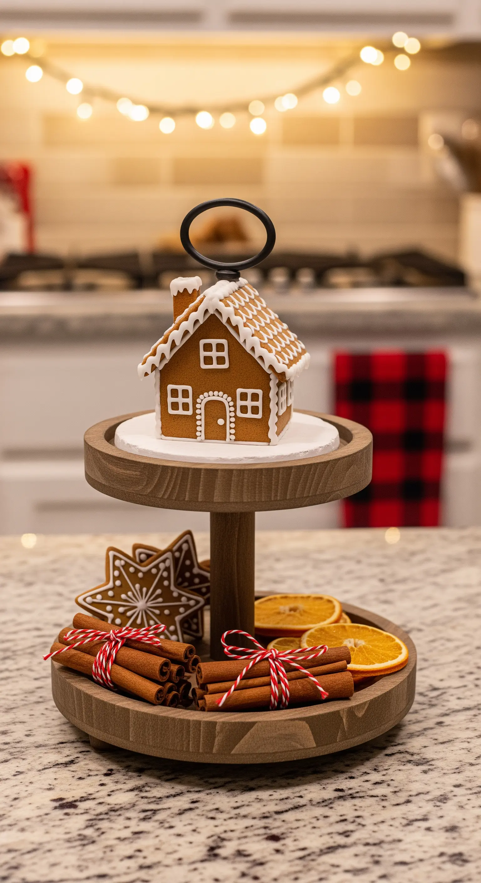 Weihnachts-Etagere aus Holz mit Lebkuchenhaus und Zimtstangen.