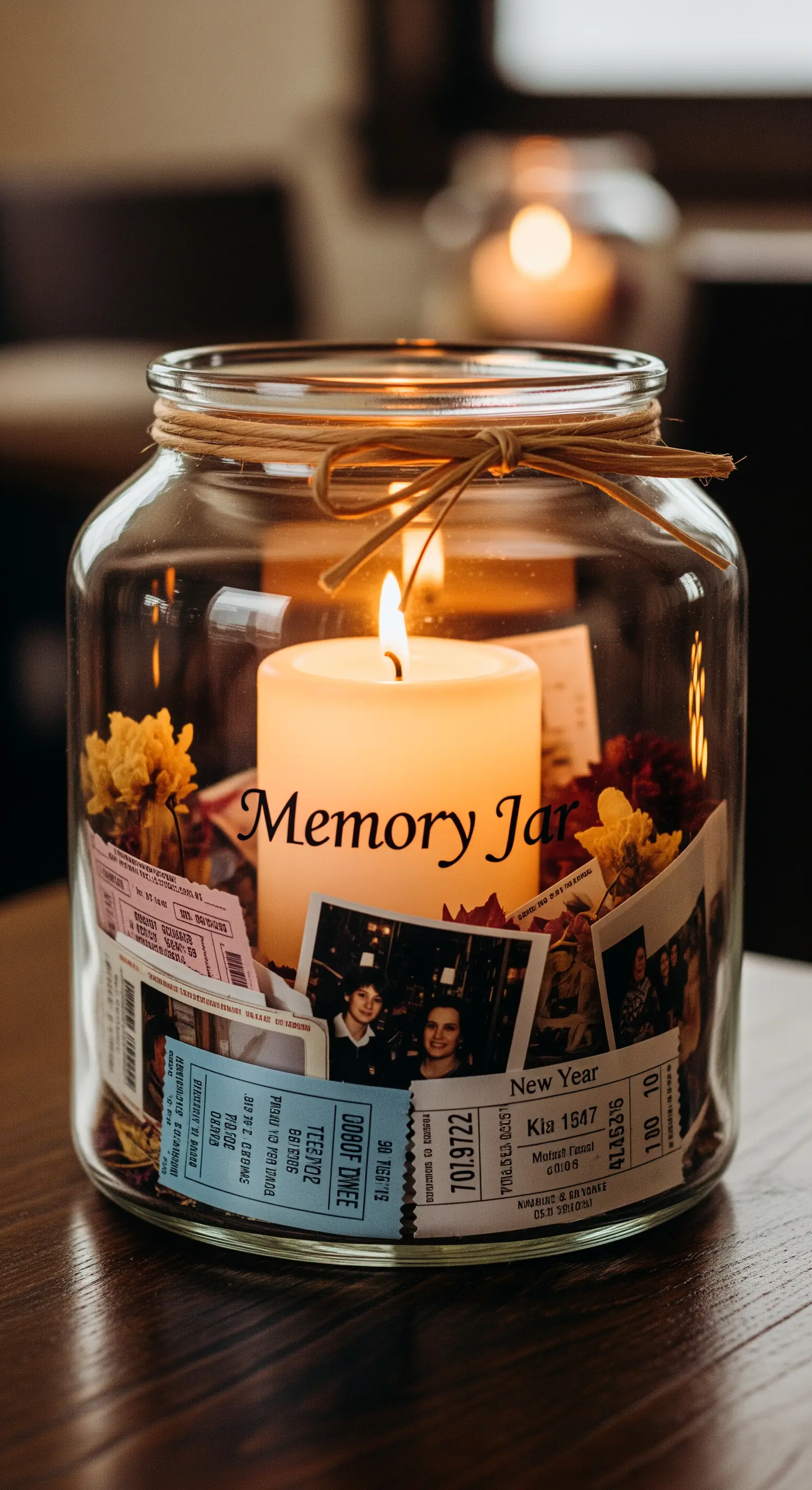 Einmachglas als „Memory Jar“ mit Fotos und Tickets, in dessen Mitte eine Kerze leuchtet.