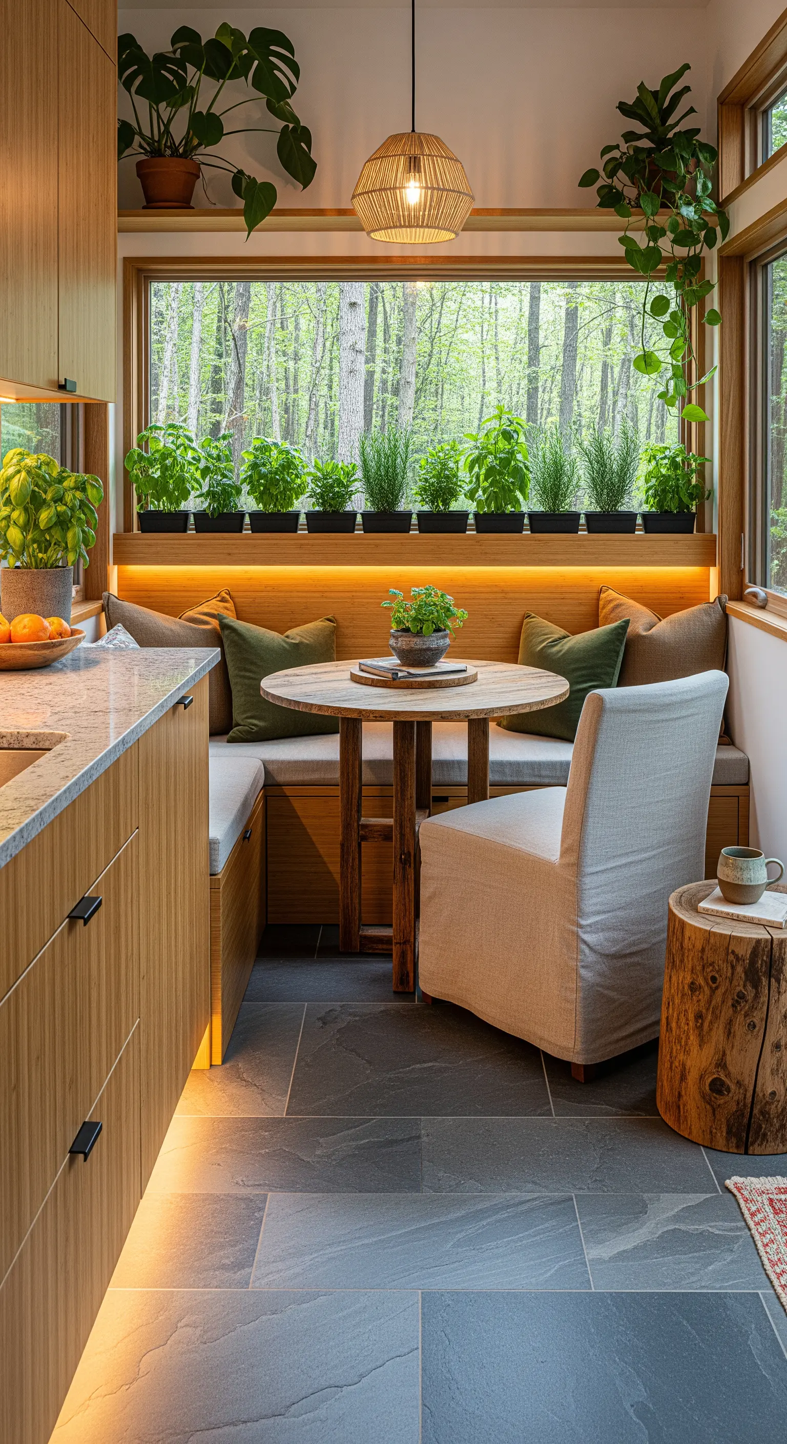 Essnische mit Holzbank, umgeben von Fenstern und einem beleuchteten Kräuterbeet.