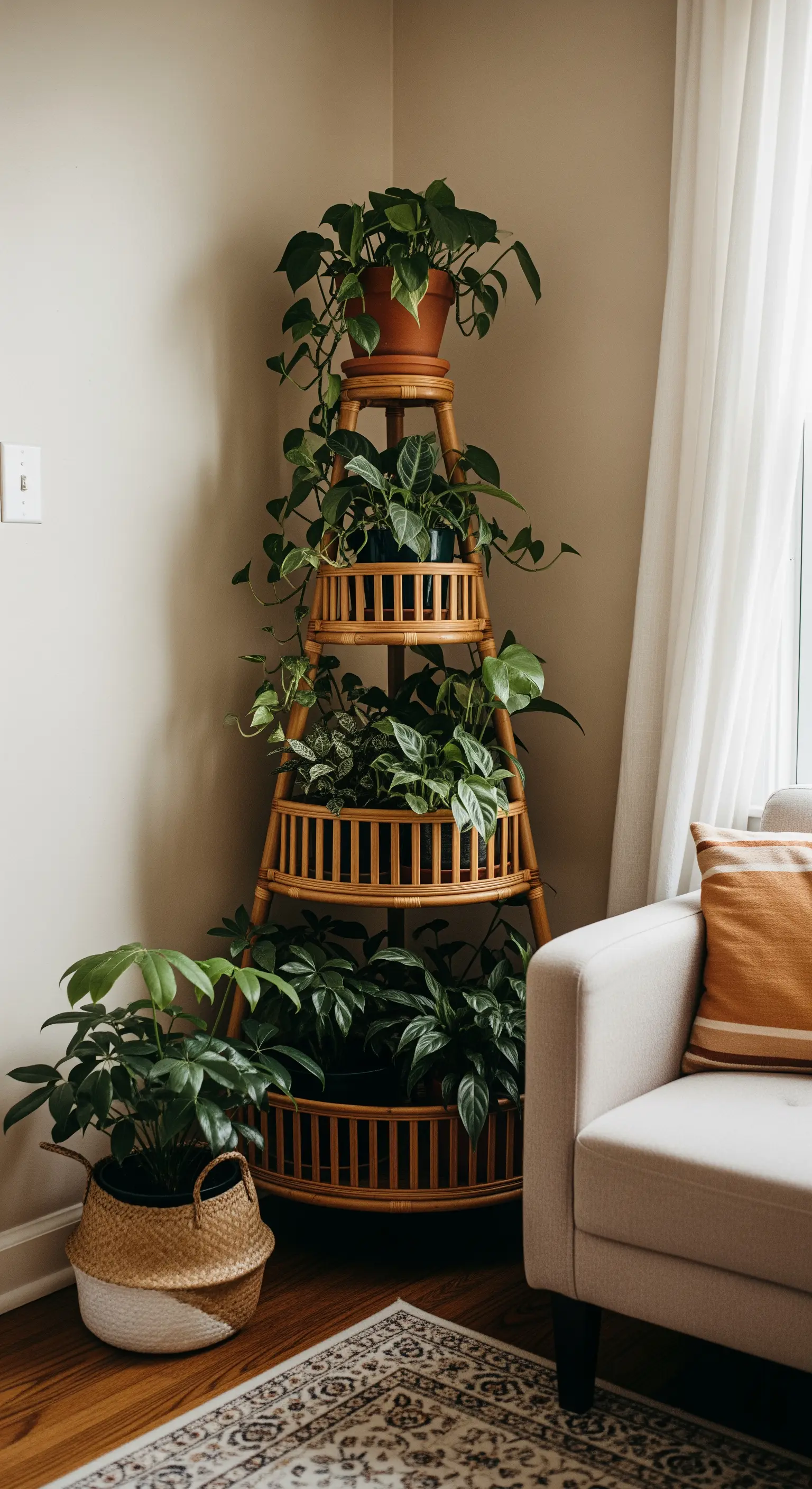 Ein mehrstöckiges Pflanzenregal aus Bambus, das perfekt in eine Ecke des Wohnzimmers passt.