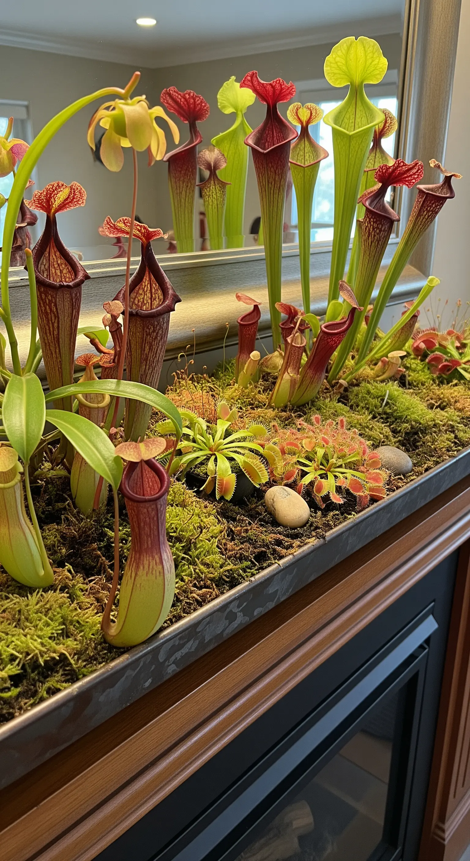 Ein offenes Terrarium auf dem Kaminsims, gefüllt mit verschiedenen fleischfressenden Pflanzen wie Kannenpflanzen