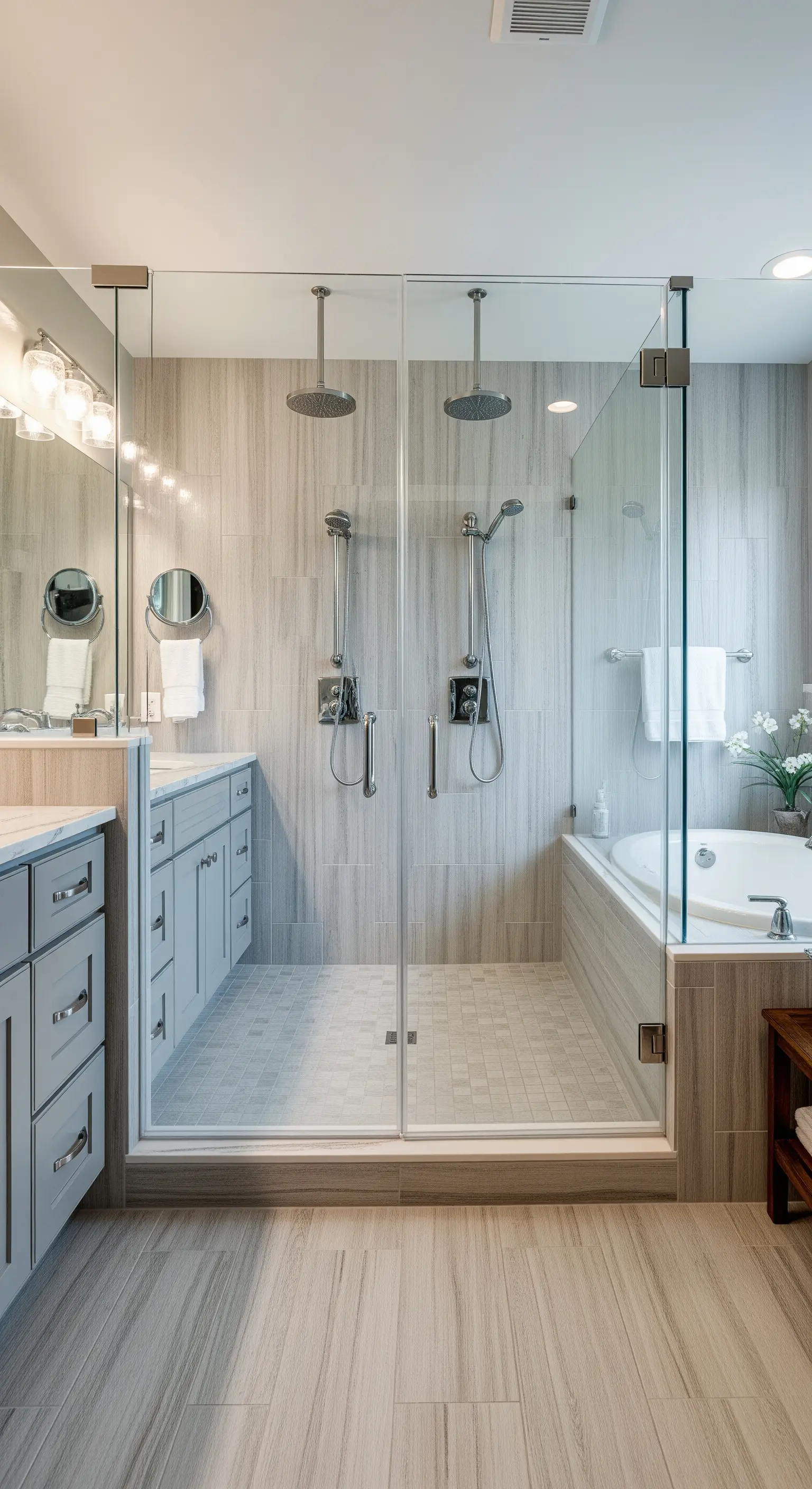 Helles Badezimmer, in dem eine Doppel-Dusche und eine Badewanne in einem Glasbereich kombiniert sind