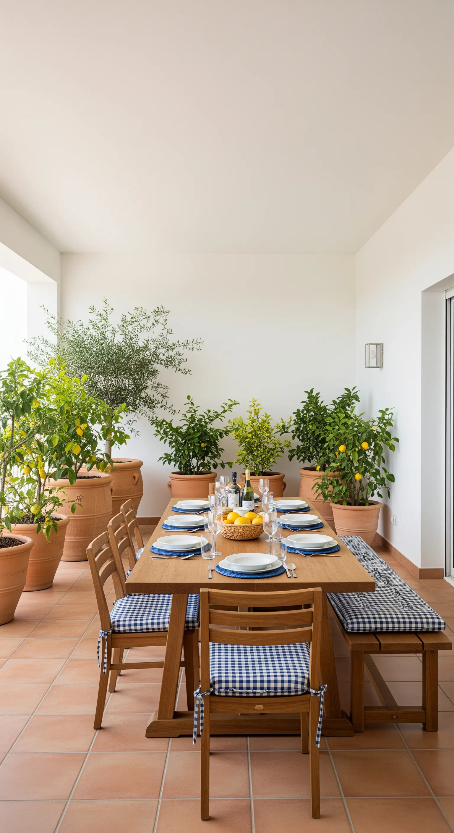 Mediterraner Essbereich mit Holztisch, blau-weiß karierten Kissen und vielen Zitrusbäumen.