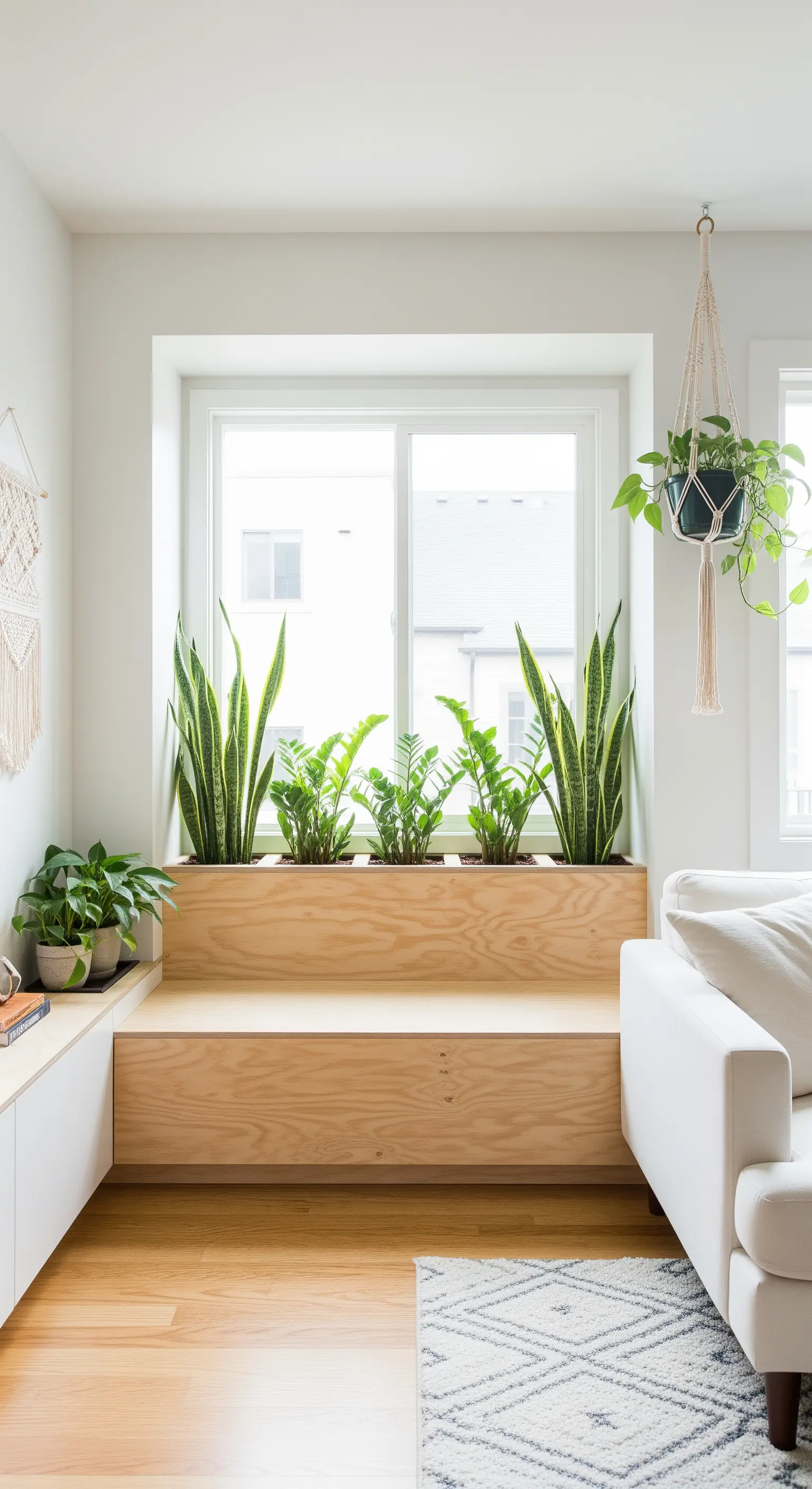 Eine erhöhte Fensterbank aus hellem Holz, die als integrierter Pflanzkasten für mehrere Pflanzen dient.