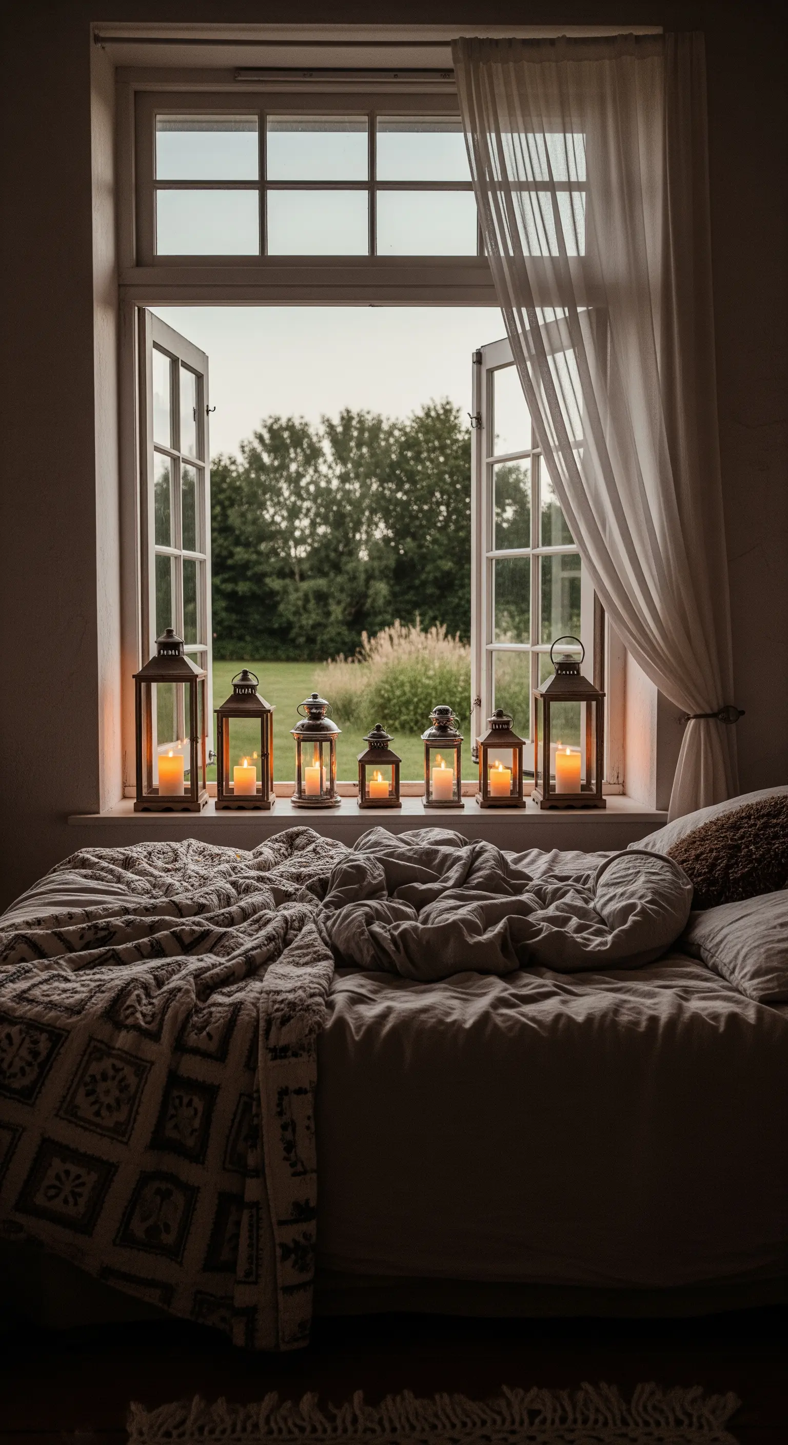 Eine Reihe von leuchtenden Laternen mit Kerzen auf einer Fensterbank bei Dämmerung.