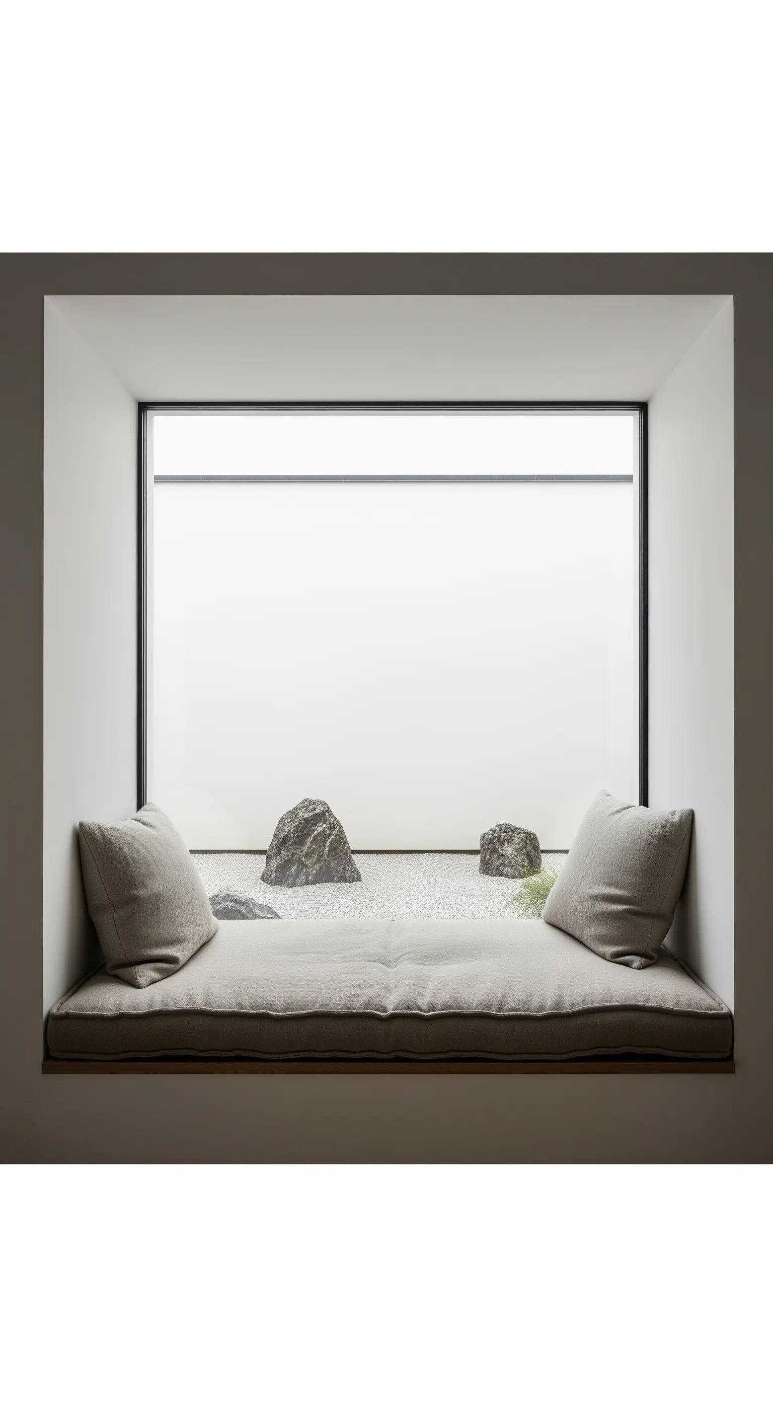 Ein Fensterplatz mit Blick auf einen kleinen Zen-Garten, der wie ein gerahmtes Bild wirkt.