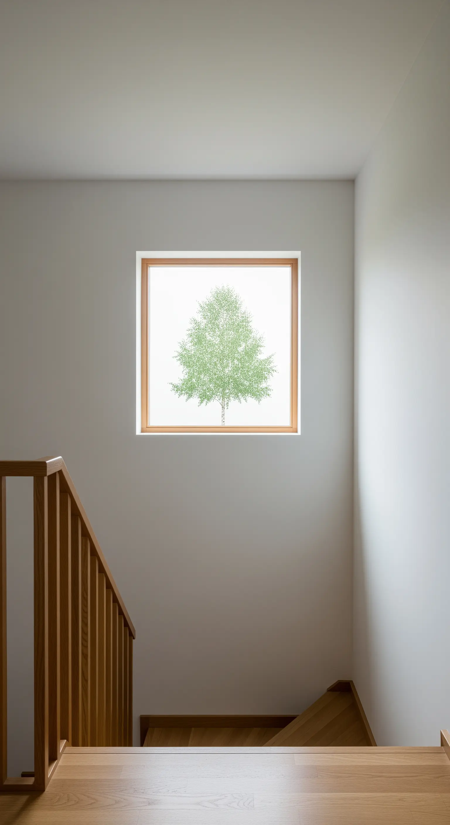 Quadratisches Holzfenster an einer weißen Wand im Treppenhaus, das einen Baum einrahmt.