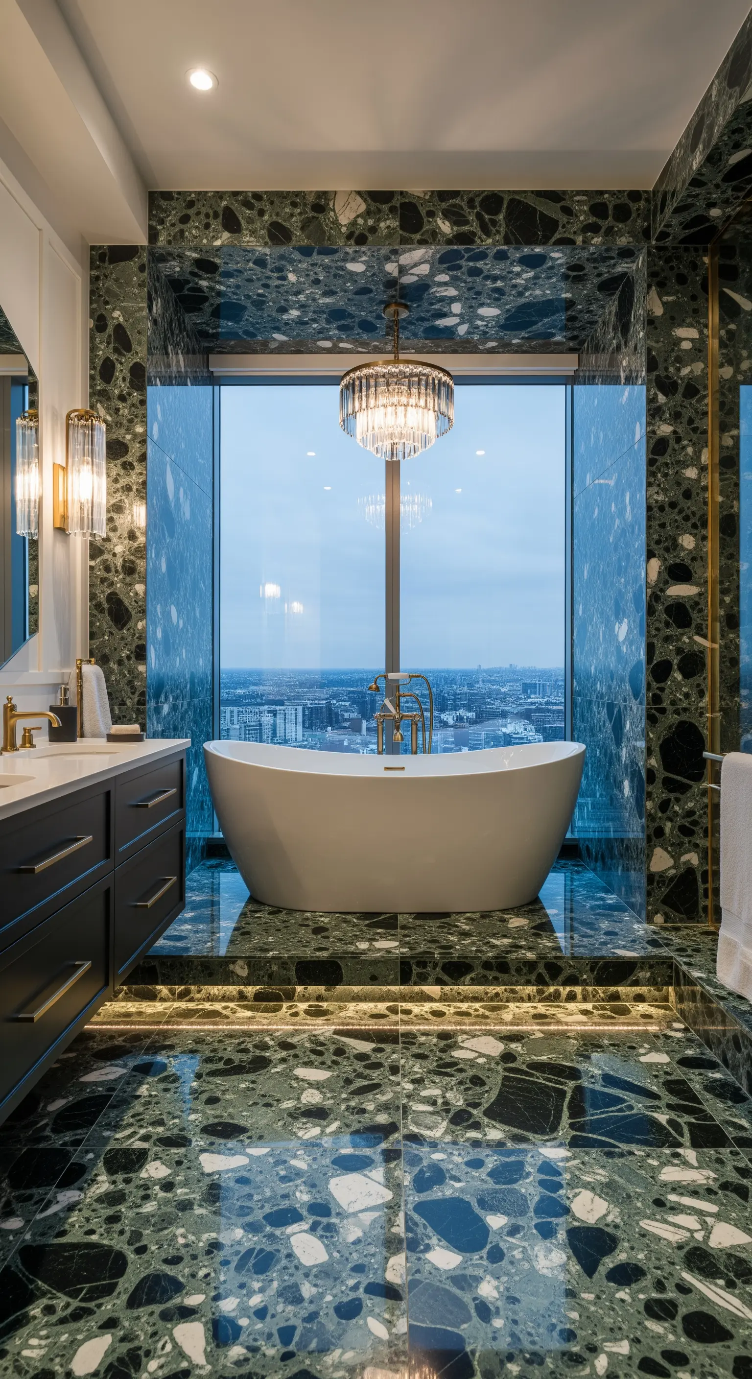 Grüner Marmor umrahmt ein großes Fenster mit Badewanne und Kronleuchter.
