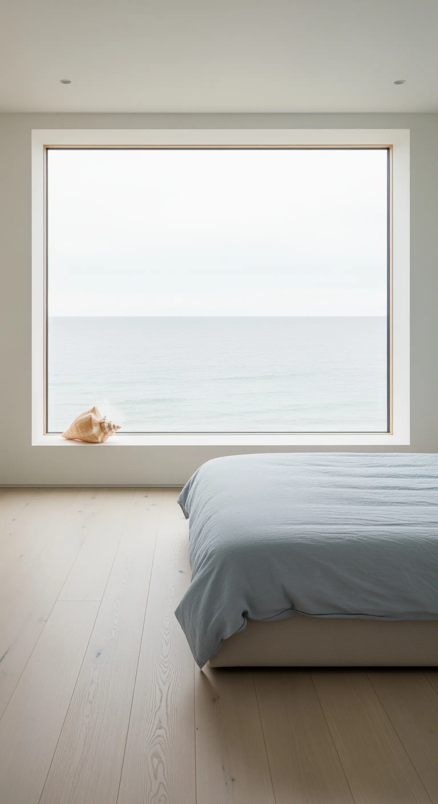 Minimalistisches Schlafzimmer mit großem Fenster, das einen weiten Meerblick bietet.