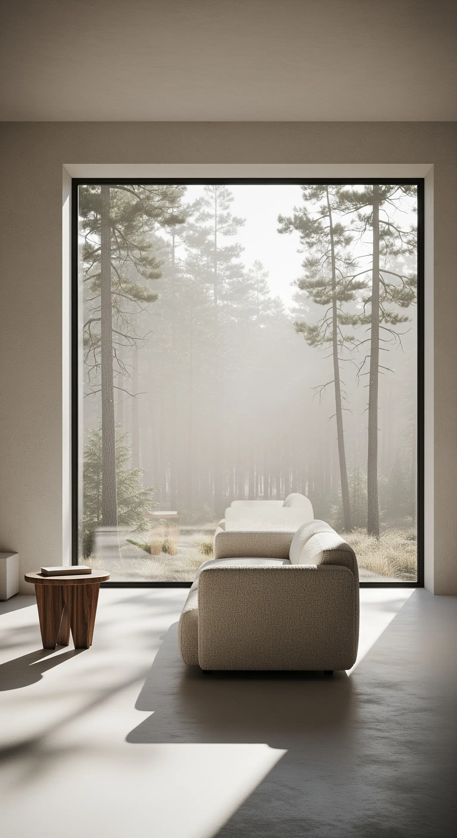 Minimalistisches Wohnzimmer mit bodentiefem Fenster und Blick auf einen nebligen Wald.