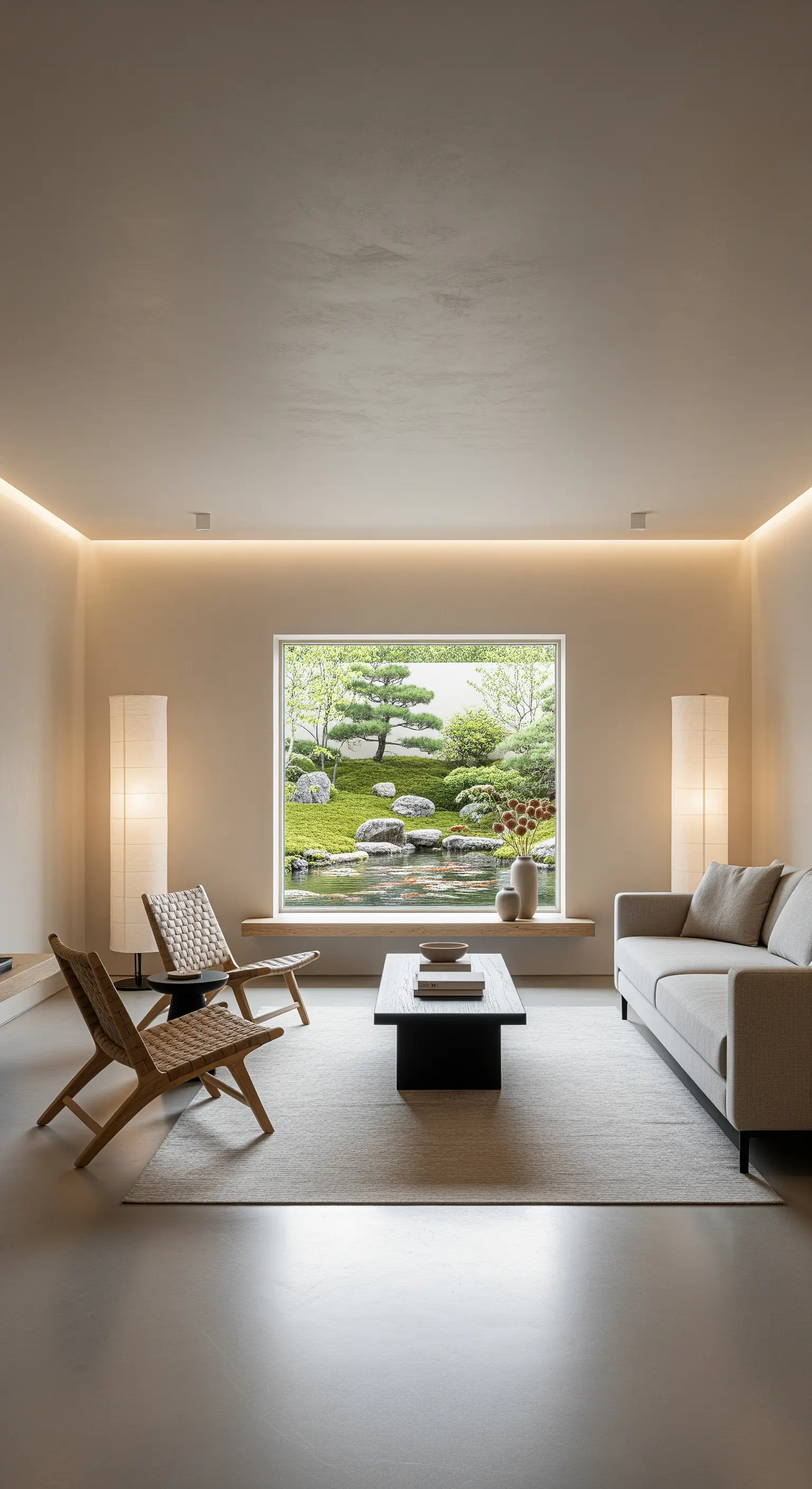 Minimalistisches Japandi-Wohnzimmer mit großem Fenster, das einen Zen-Garten einrahmt.