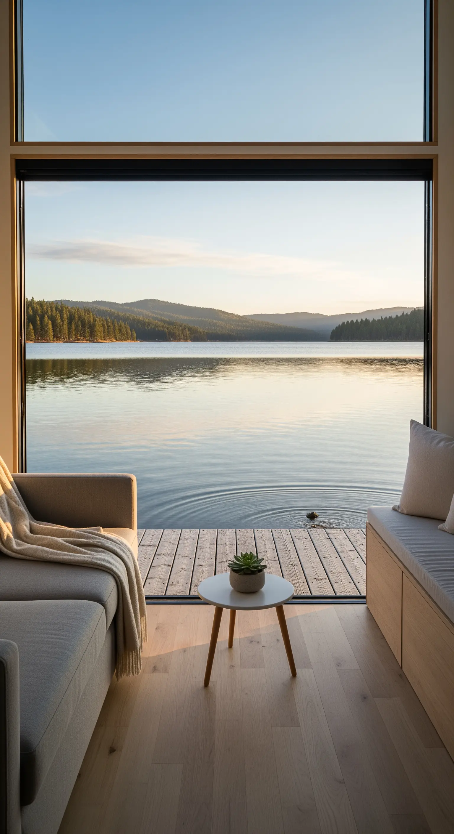 Minimalistisches Wohnzimmer mit rahmenlosem Fenster und Seeblick.