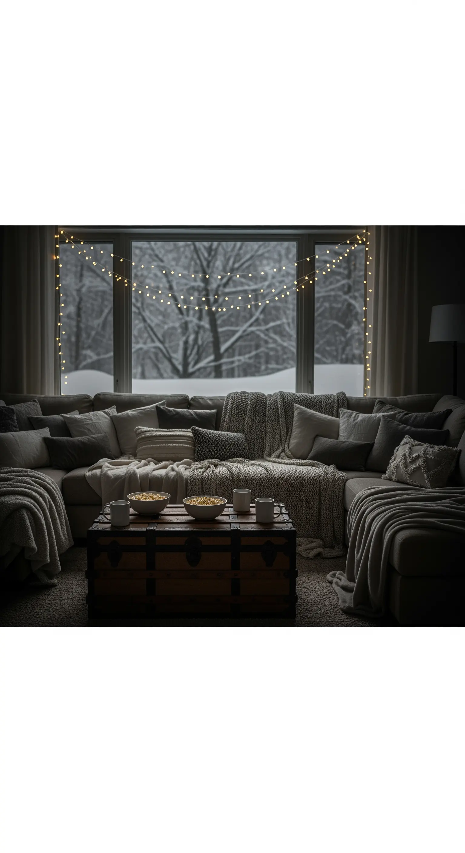 Großes Sofa vor einem mit Lichterketten geschmückten Fenster, das auf eine Schneelandschaft blickt.