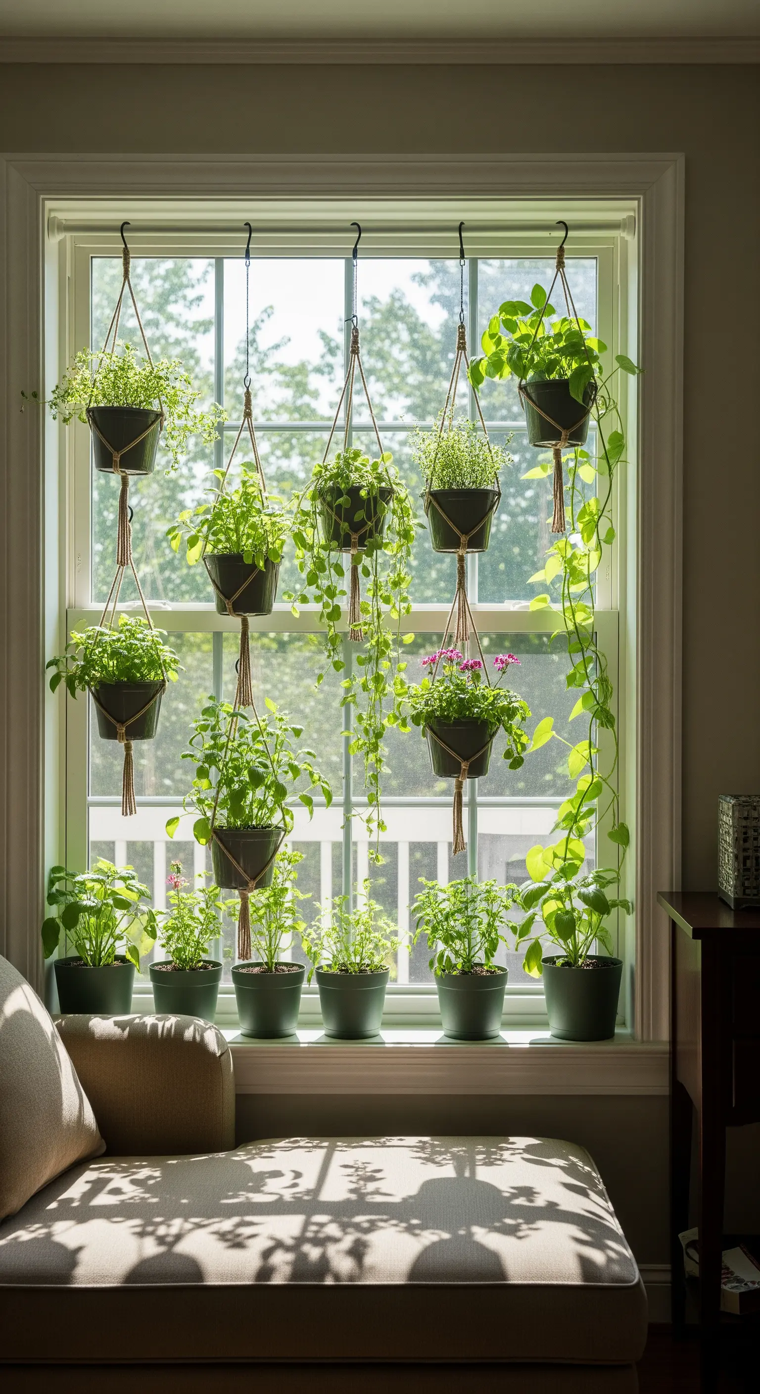 Mehrere Reihen von kleinen Kräutertöpfen, die in Makramee-Haltern vor einem sonnigen Fenster hängen.