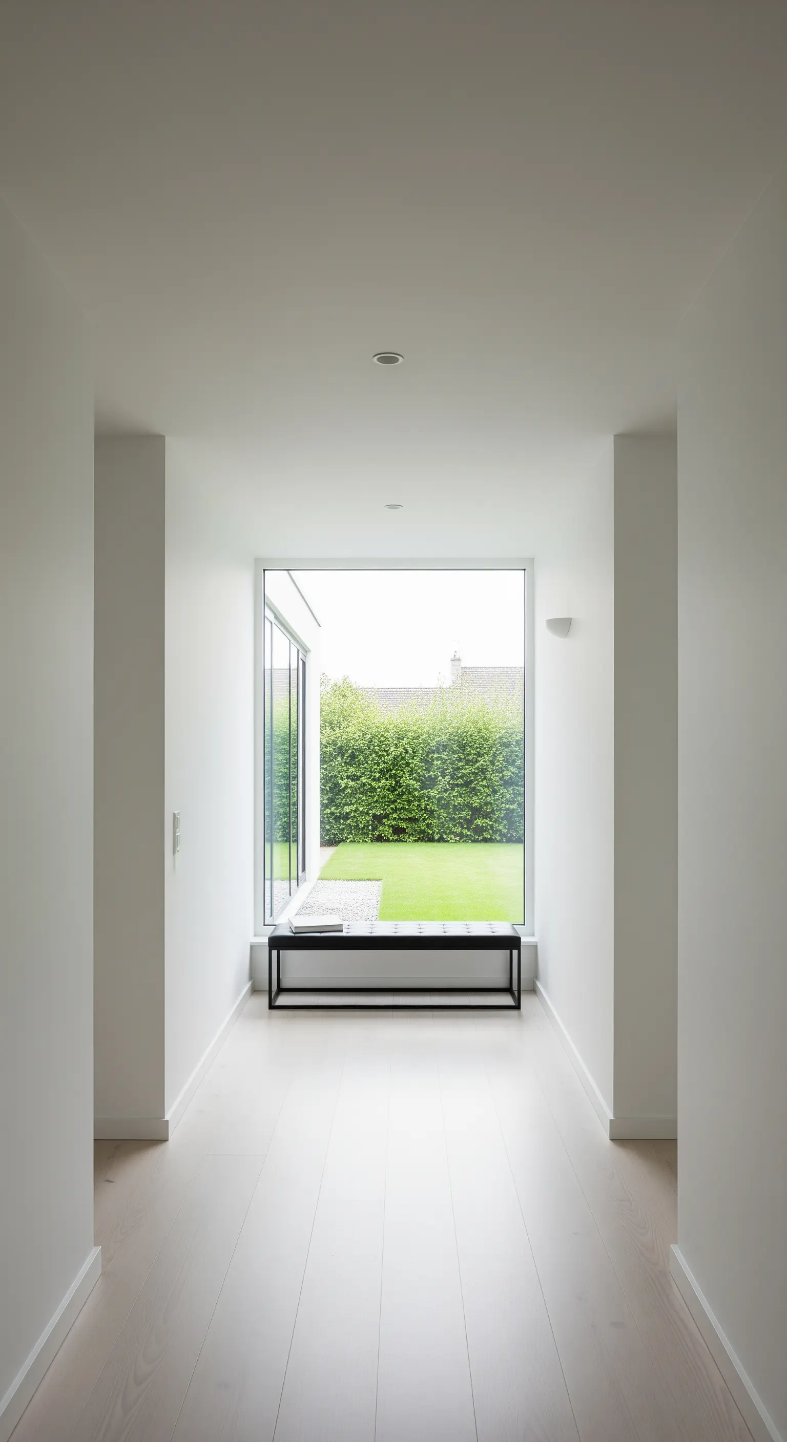 Langer, weißer Flur, der auf ein großes Fenster mit Blick in den Garten endet.