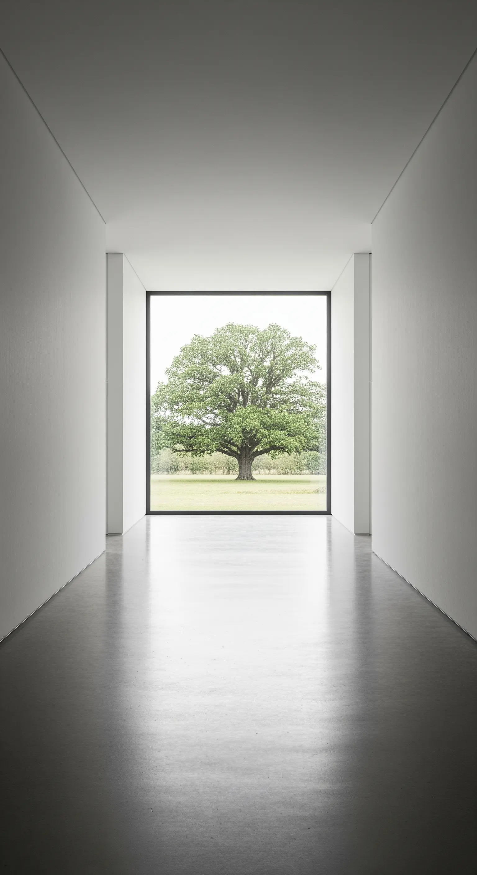 Langer, weißer Flur, der auf ein großes Fenster mit Blick auf einen einzelnen Baum endet.