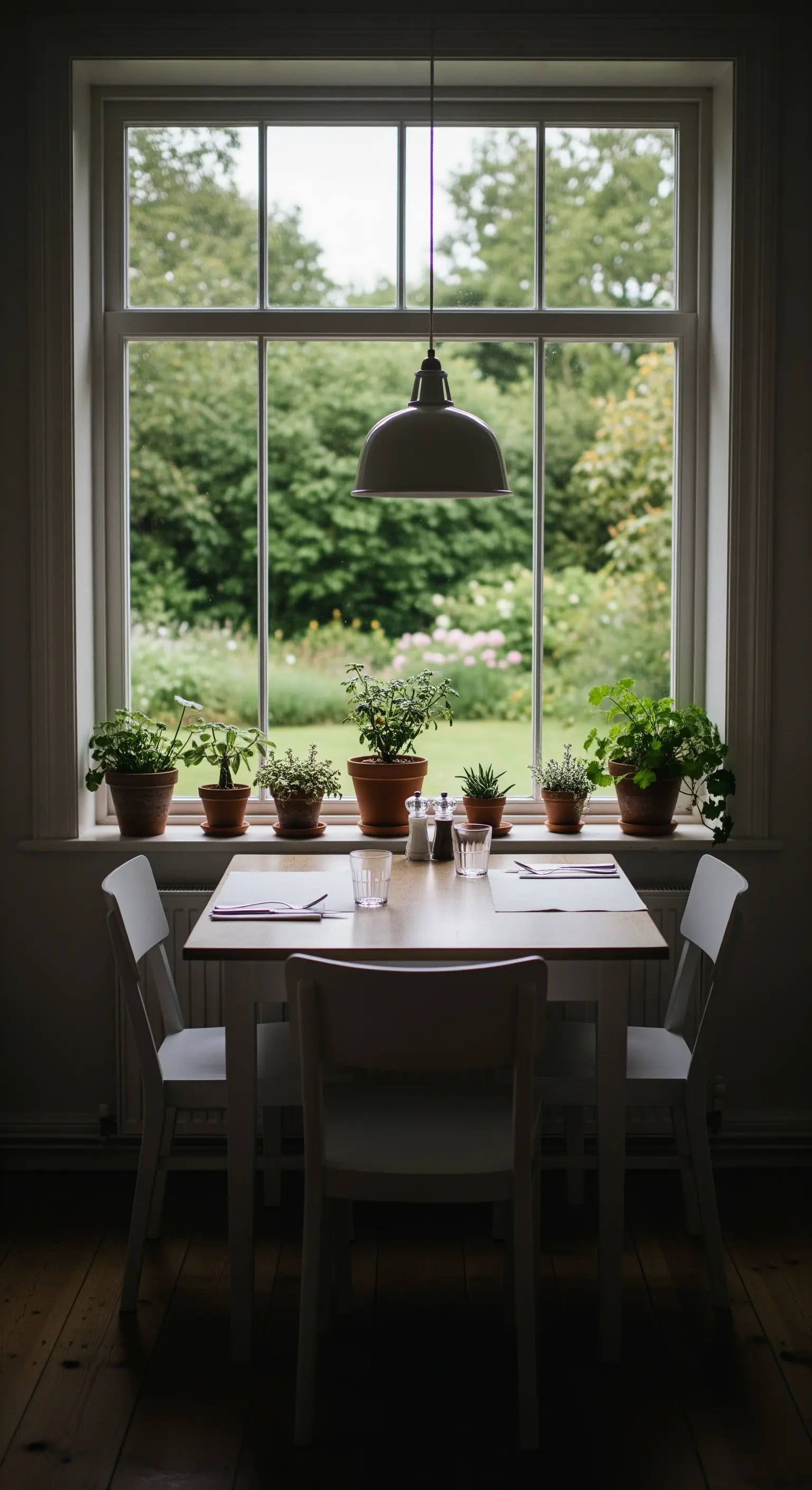 Kleiner weißer Esstisch vor einem großen Fenster mit Blick in einen Garten.