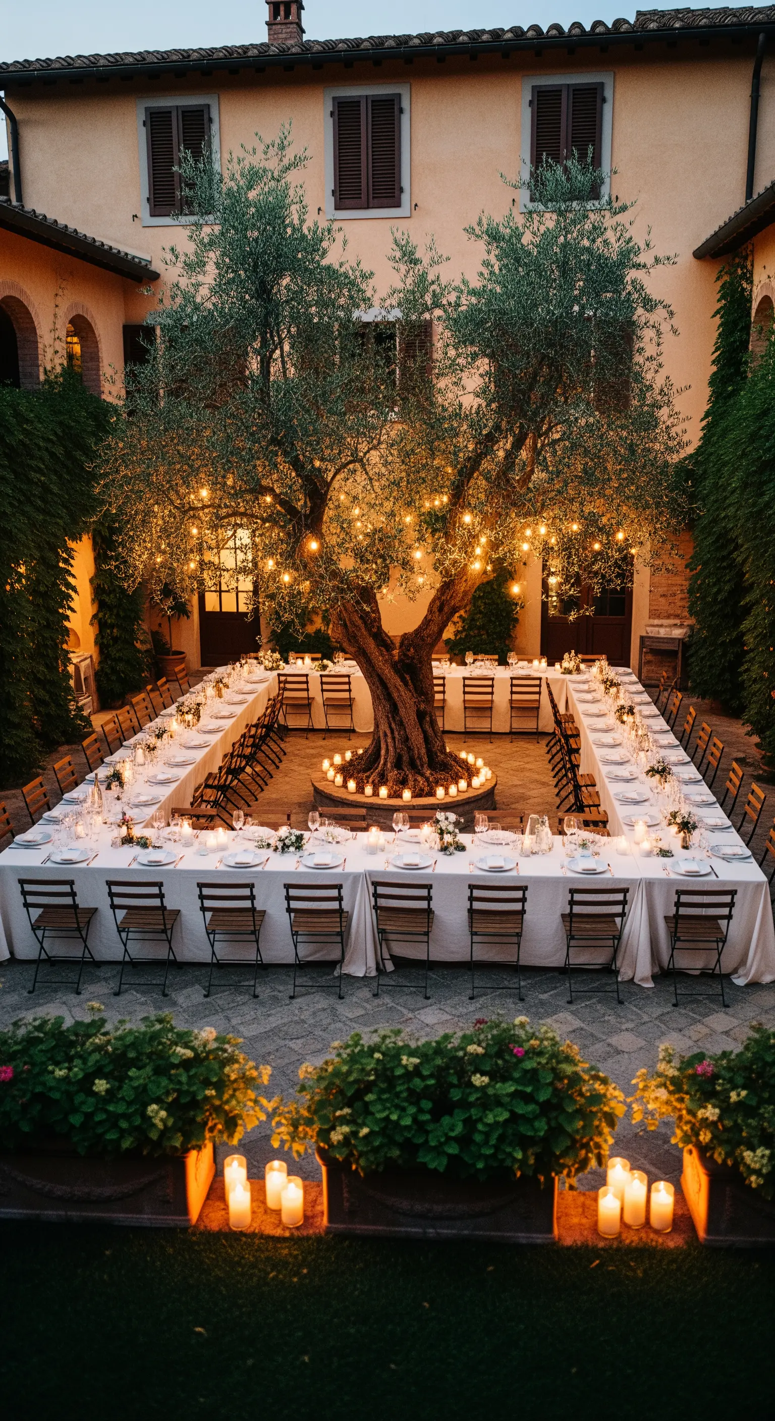 Festlich gedeckte Tische in einem Viereck um einen beleuchteten Olivenbaum in einem Innenhof
