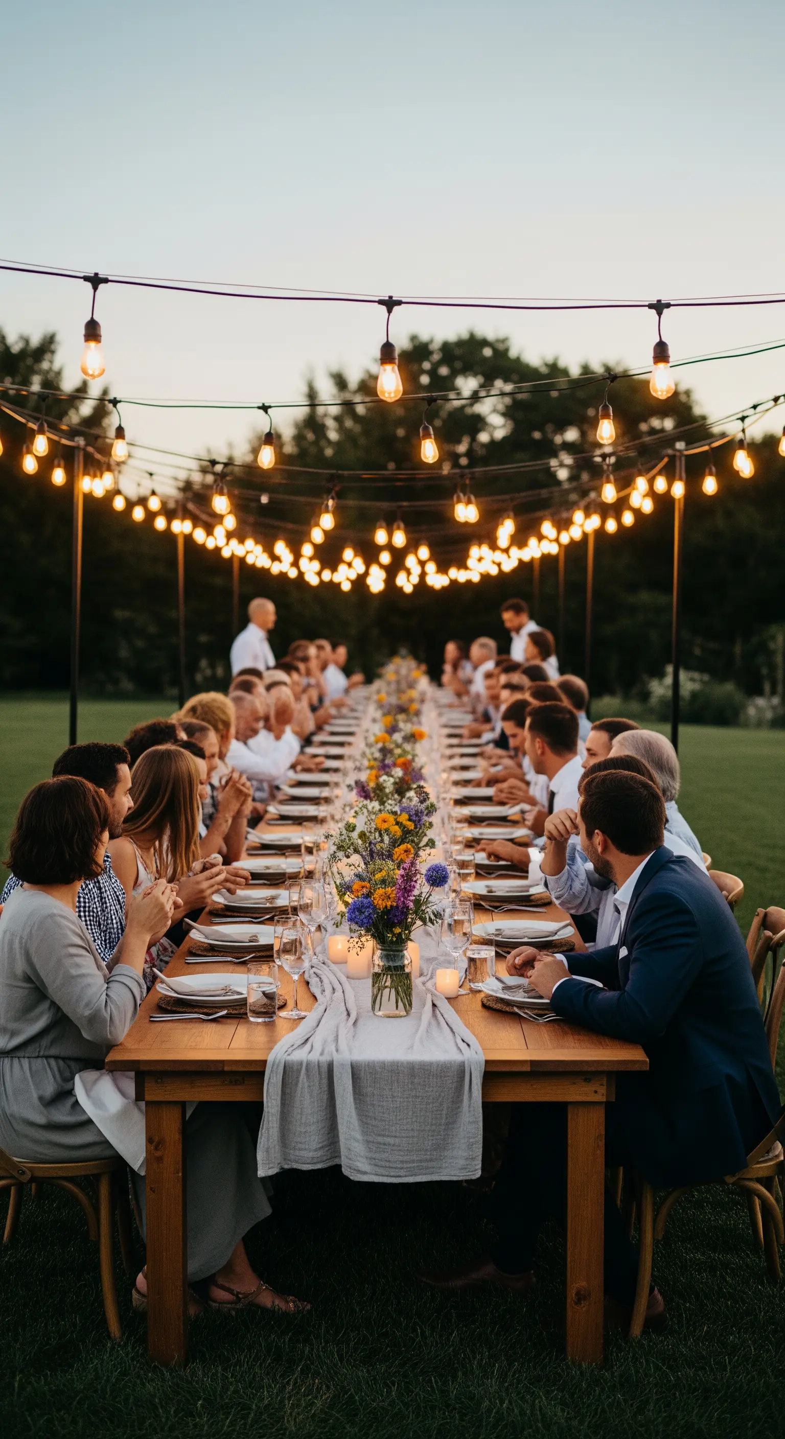 Eine lange Festtafel im Freien unter einem Himmel aus Lichterketten für ein Abendessen mit Freunden.