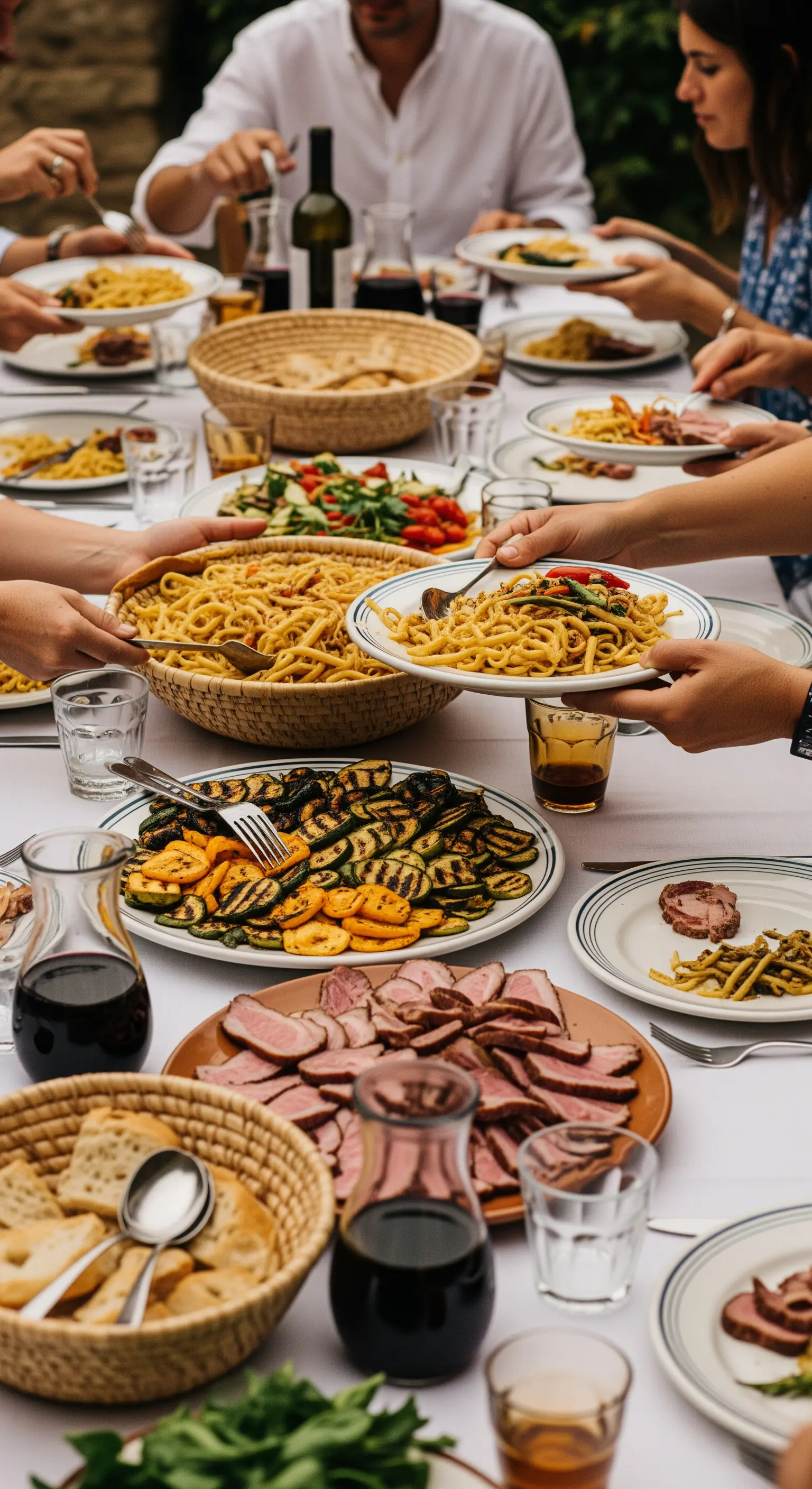 Ein reich gedeckter Tisch mit großen Schüsseln Pasta und Platten mit gegrilltem Gemüse im Family Style