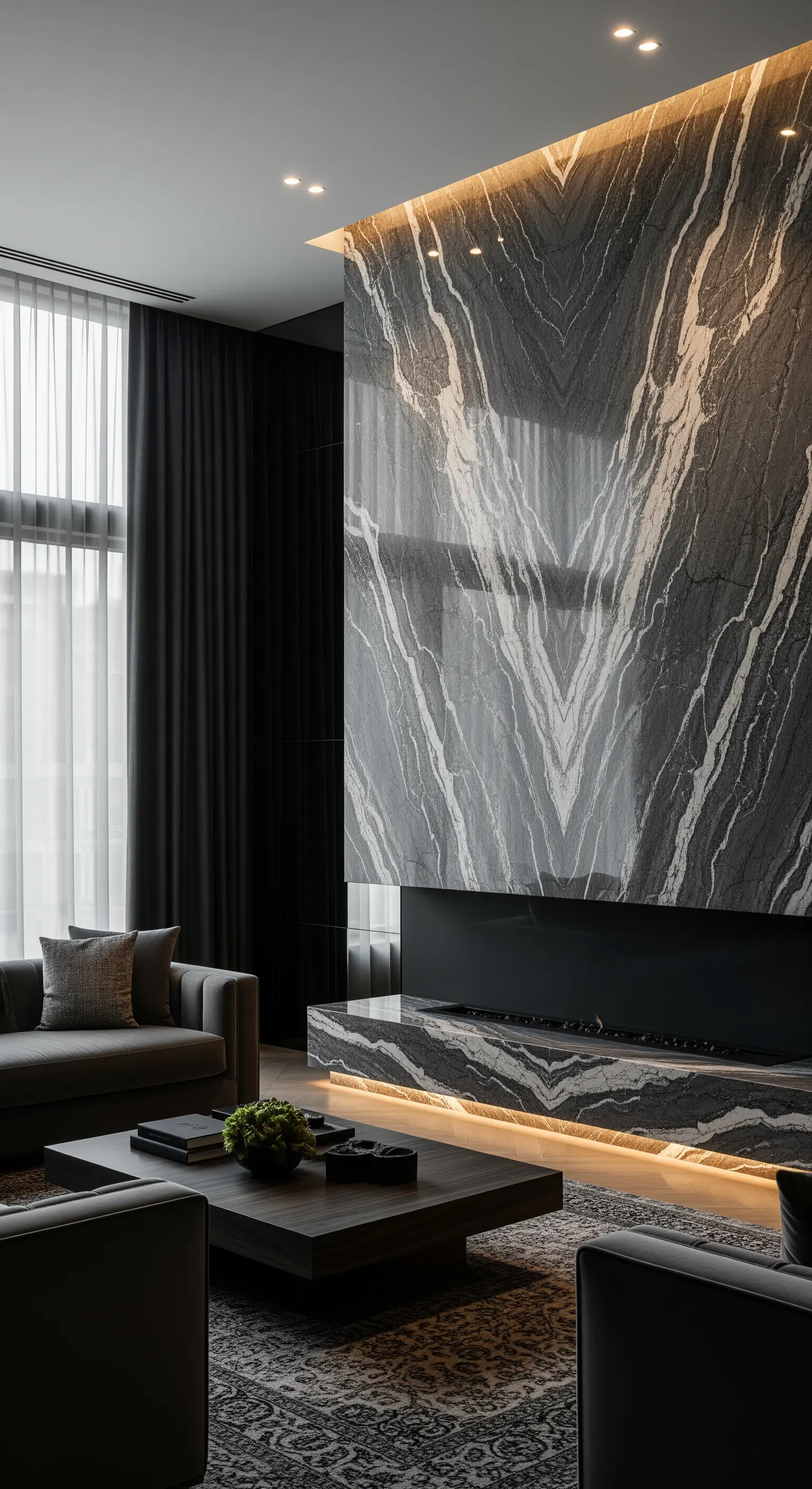 Raumhoher Kamin, verkleidet mit dramatischem, symmetrischem Marmor im Wohnzimmer.