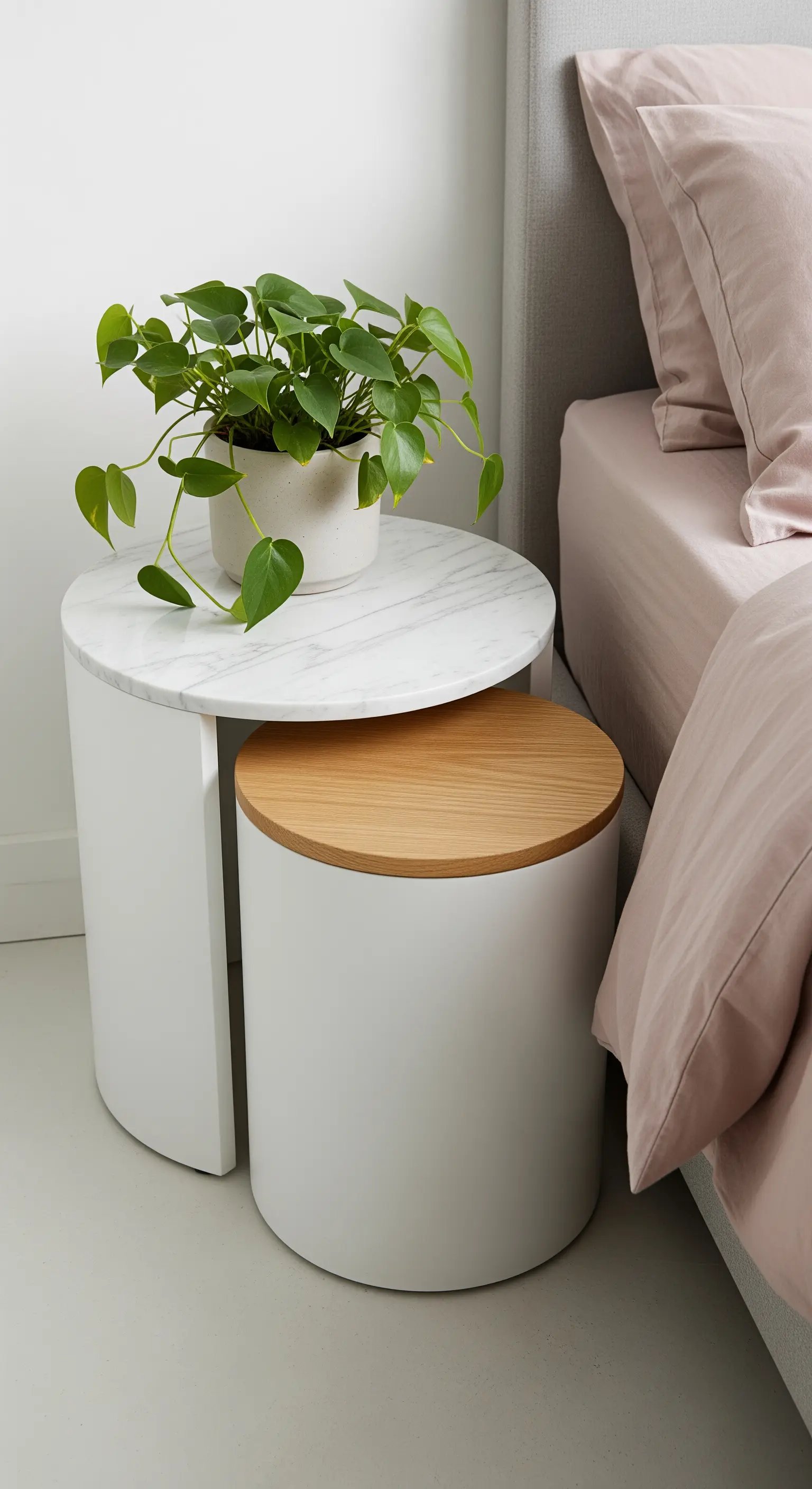 Zwei runde Satztische mit Marmor- und Holzplatte als flexibler Nachttisch.