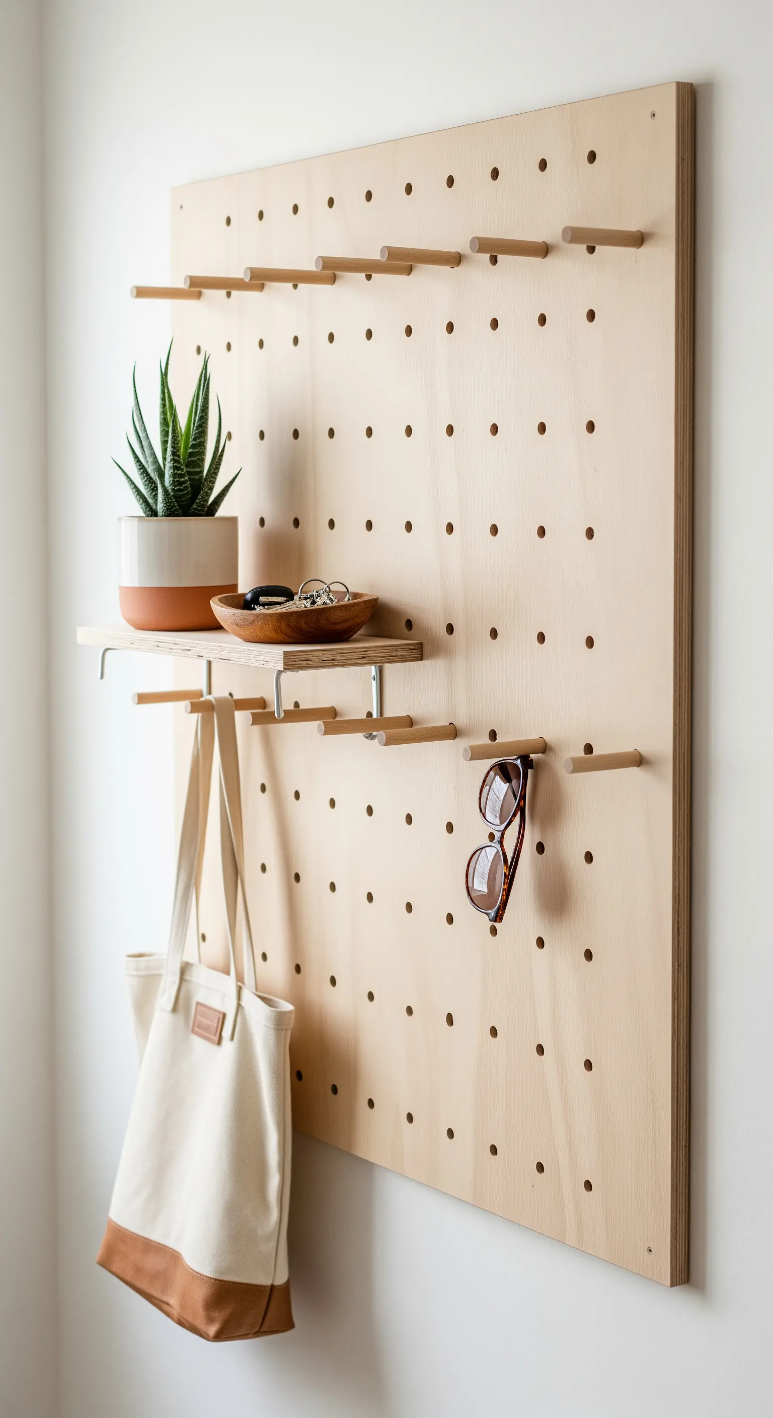 Hölzernes Pegboard als flexible und anpassbare Garderobe