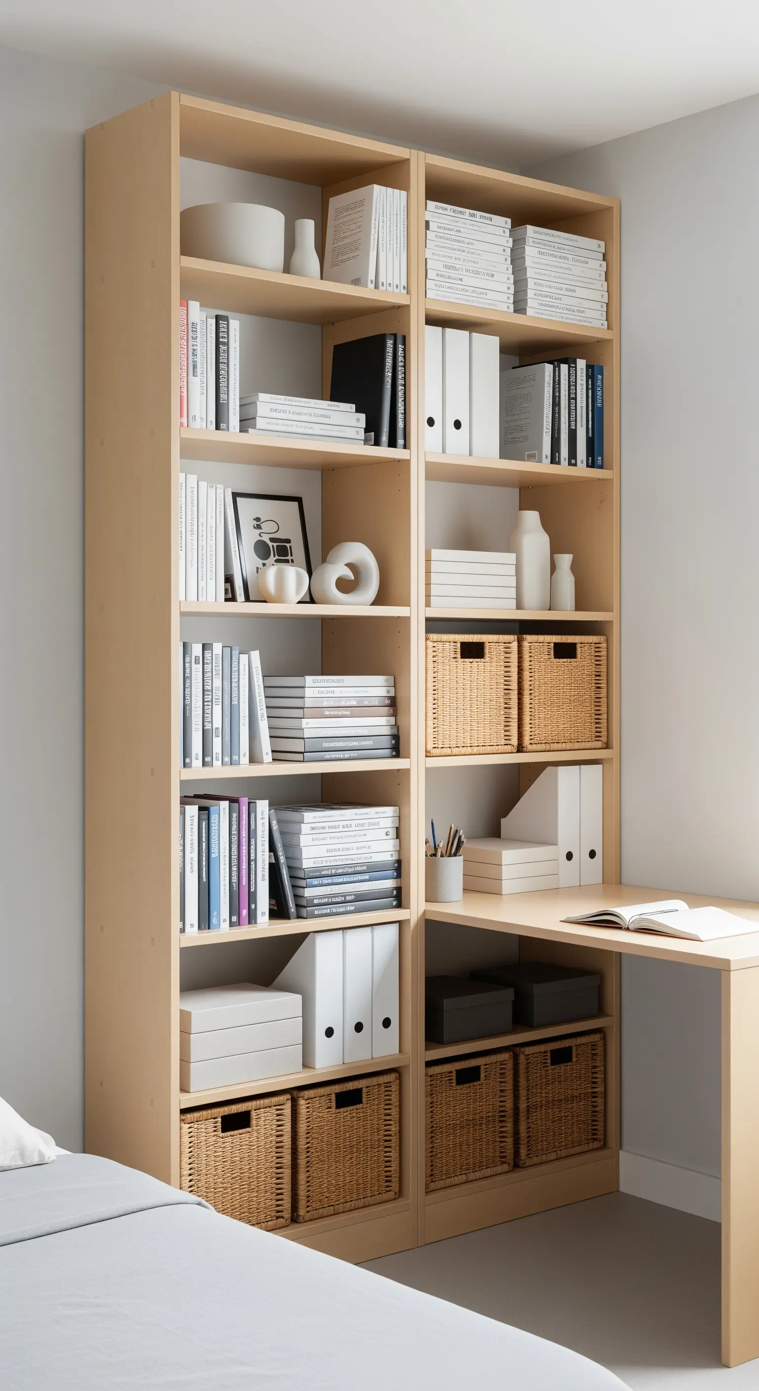 Regalsystem aus hellem Holz, das nahtlos in einen Schreibtisch übergeht, ordentlich sortiert.