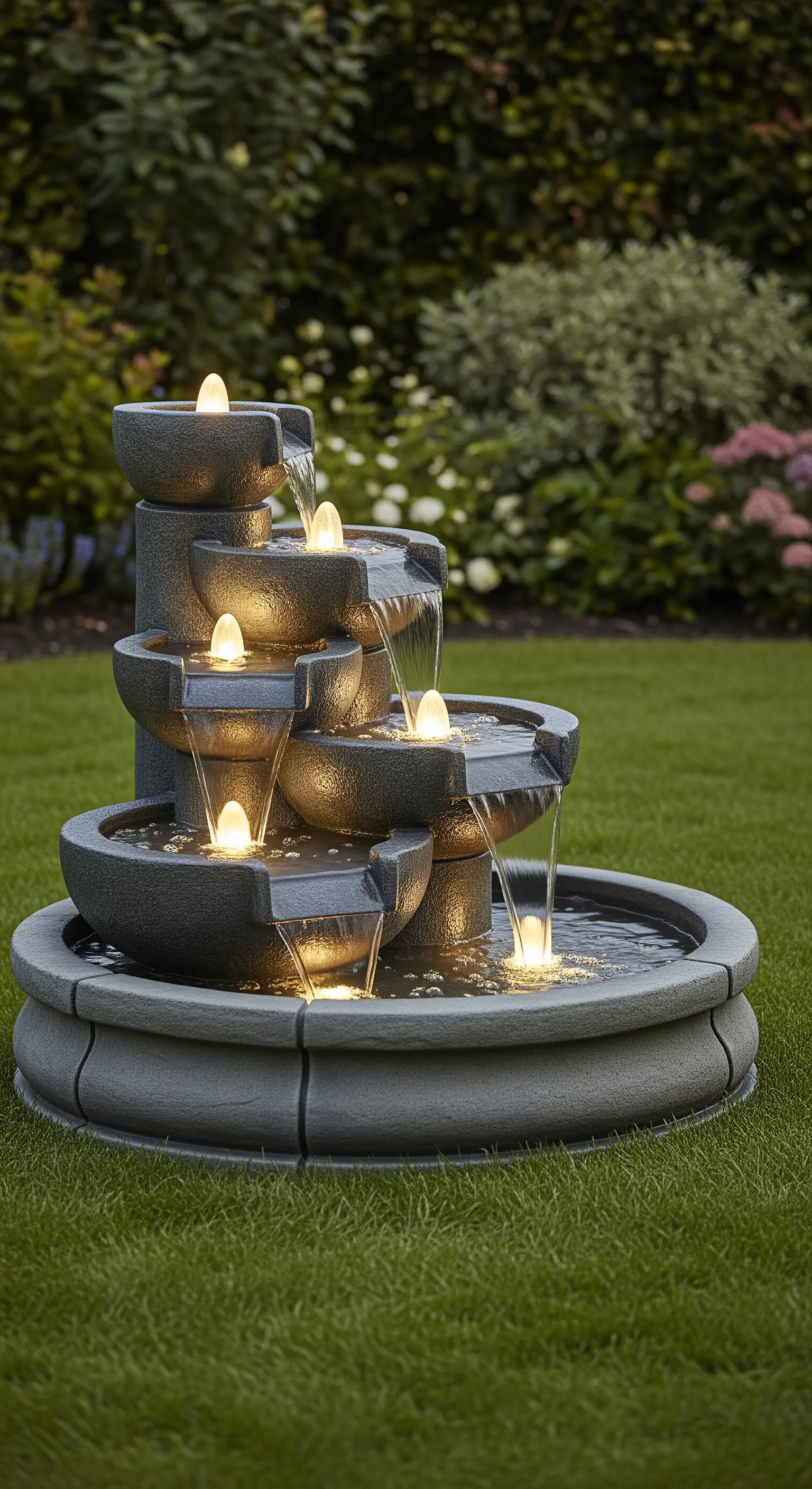 Ein mehrstufiger Steinbrunnen, bei dem jede Ebene von unten mit warmweißen LEDs beleuchtet wird.