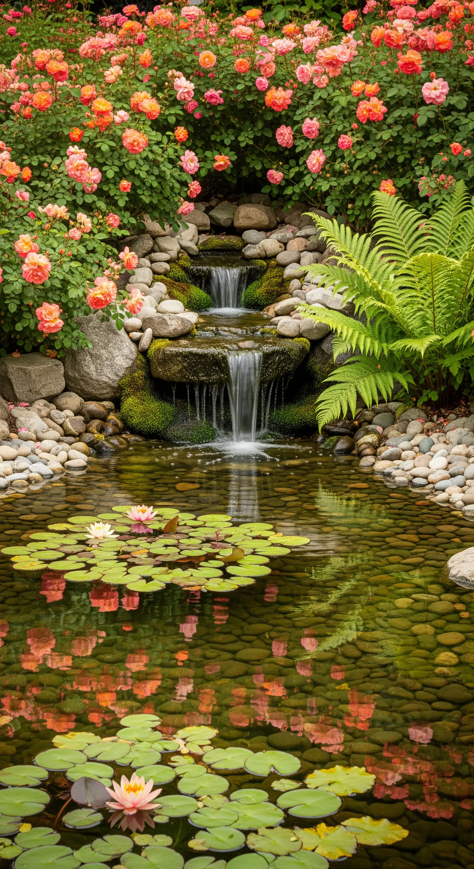 Kleiner Wasserfall in einem Teich mit Seerosen, umgeben von Rosensträuchern