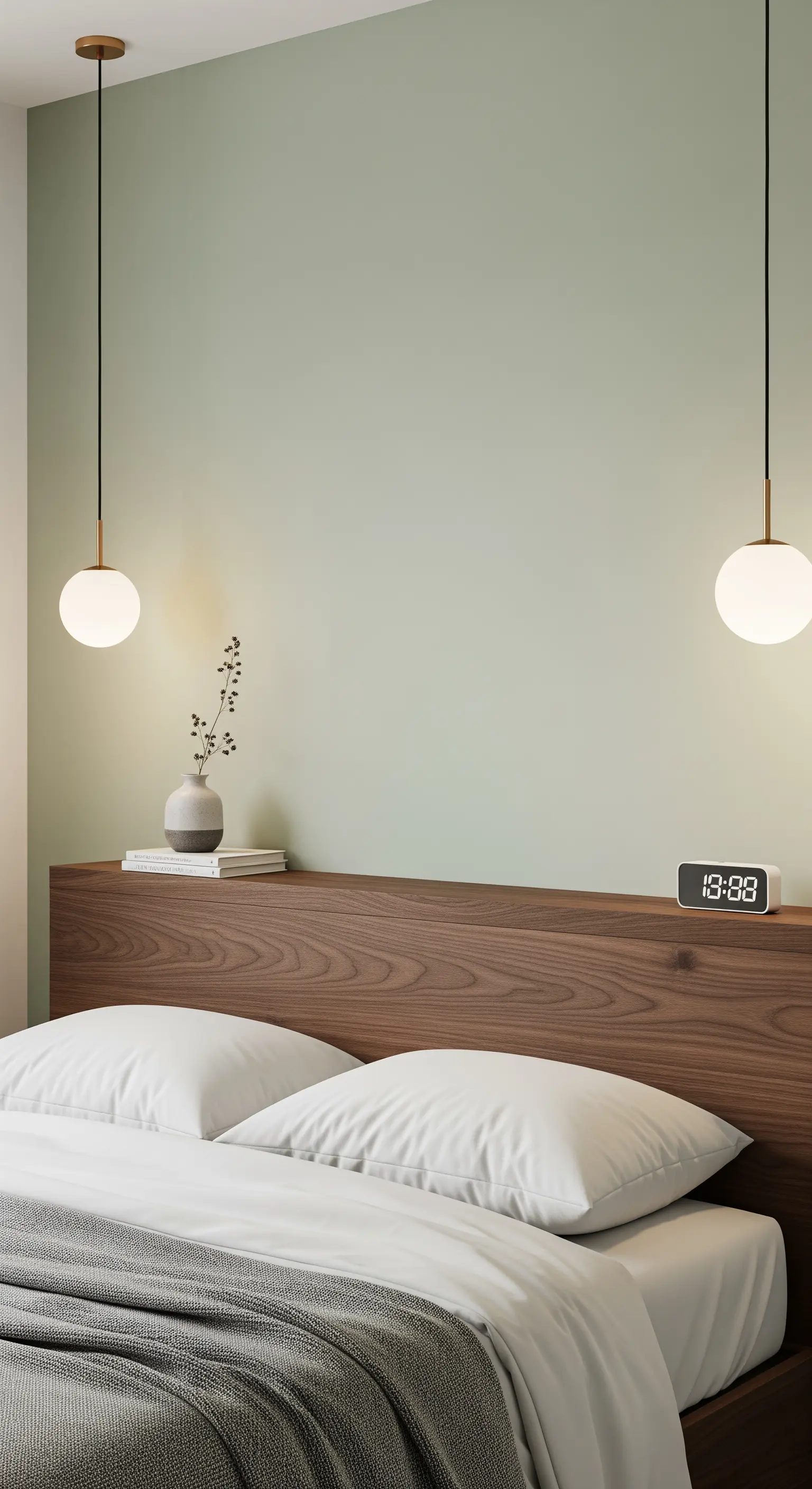 Schlafzimmer mit Pendelleuchten über dem Bett anstelle von Nachttischlampen.