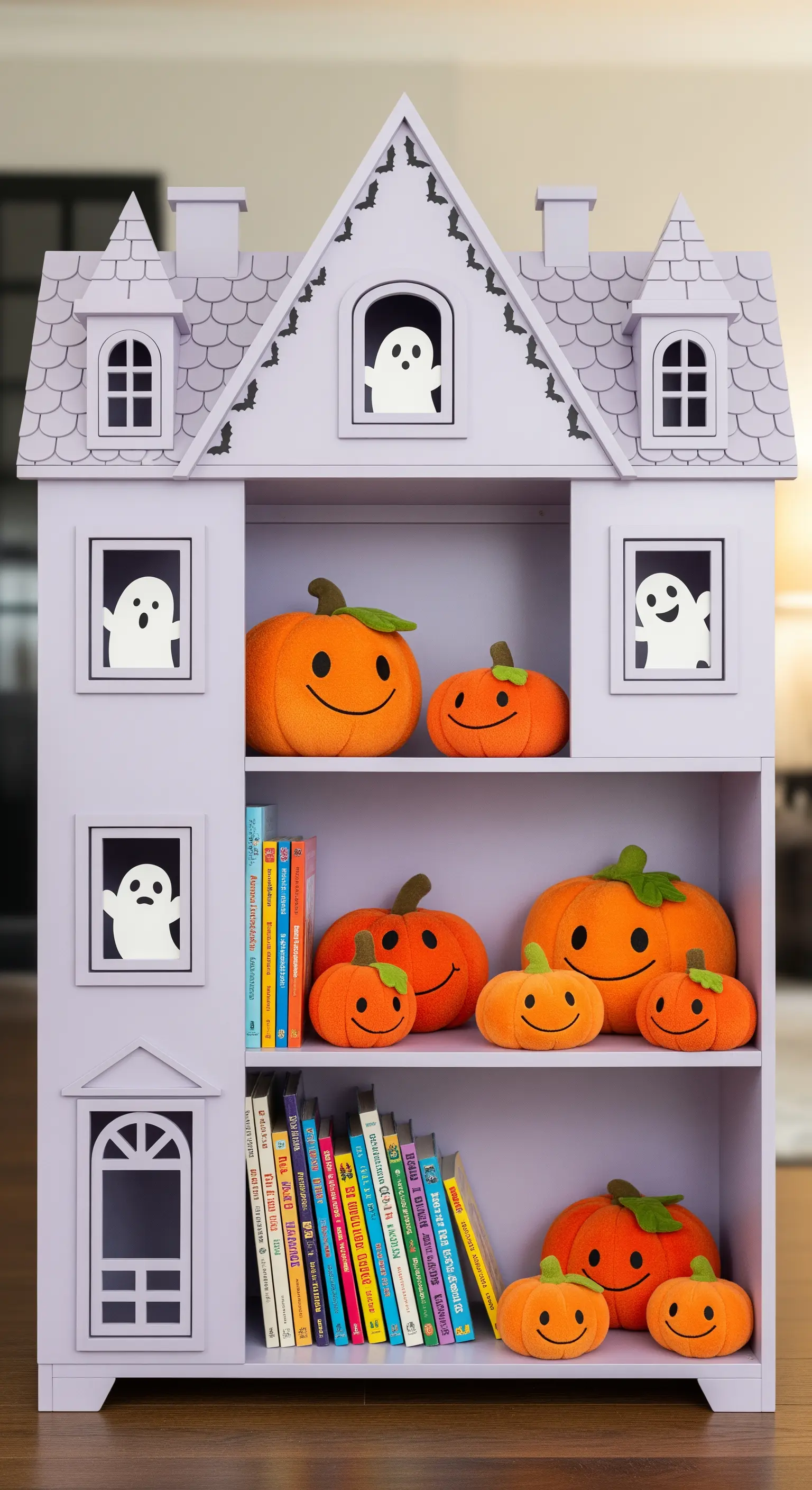 Ein fliederfarbenes Puppenhaus-Bücherregal, dekoriert mit Plüschkürbissen und Geister-Silhouetten in den Fenstern.