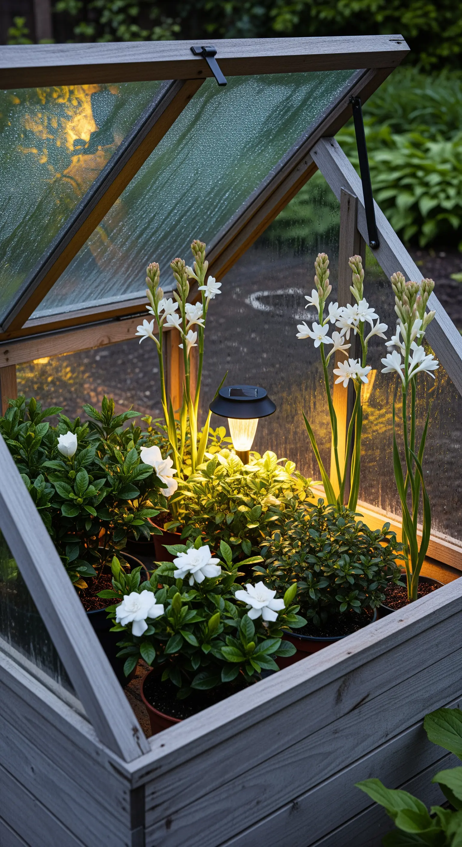 Ein kleines Gewächshaus, beleuchtet von einer Solarlampe, gefüllt mit weißen Tuberosen und Gardenien.