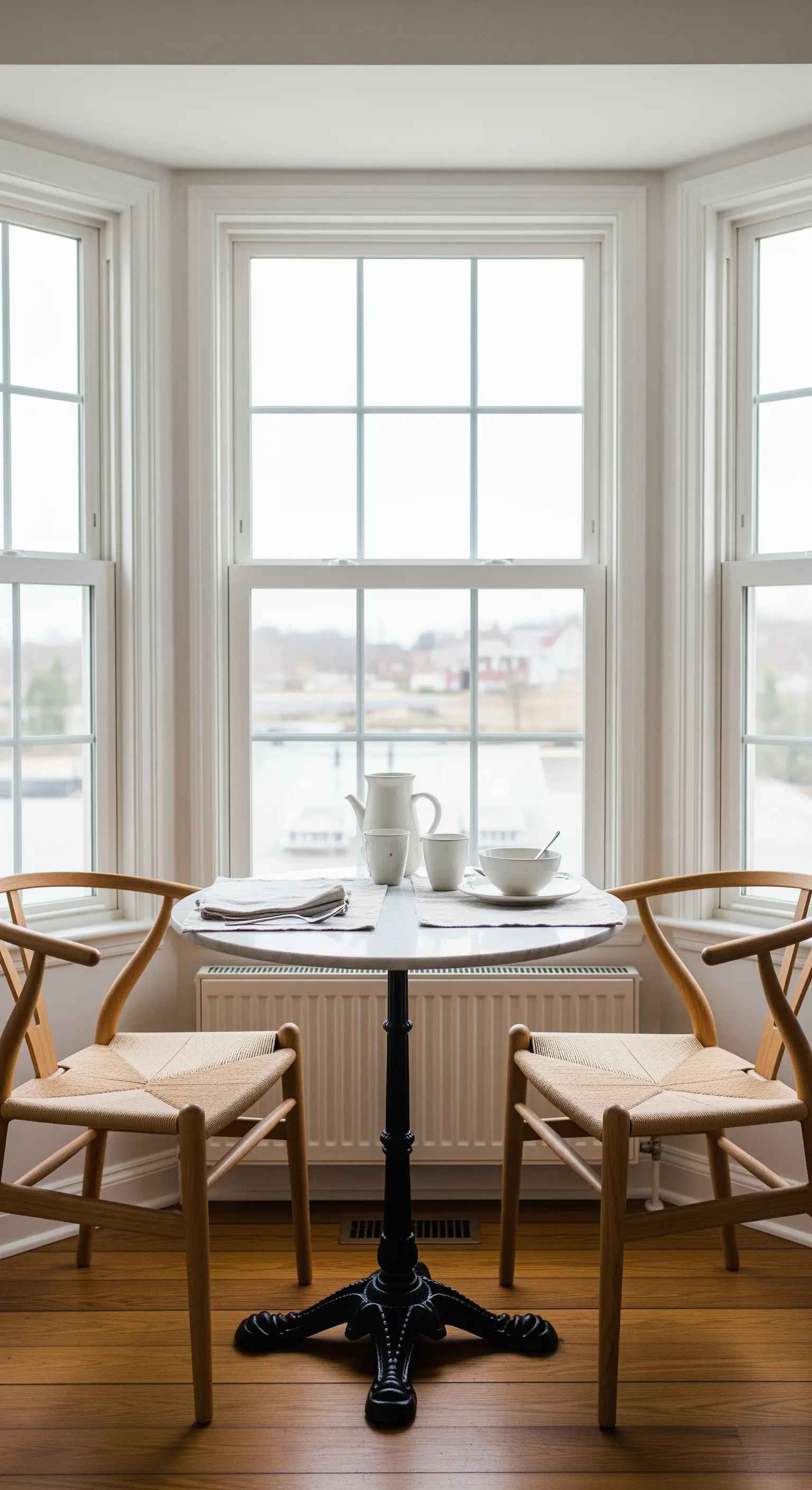 Ein kleiner Frühstückstisch in einem Erkerfenster für einen bewussten Start in den Tag.