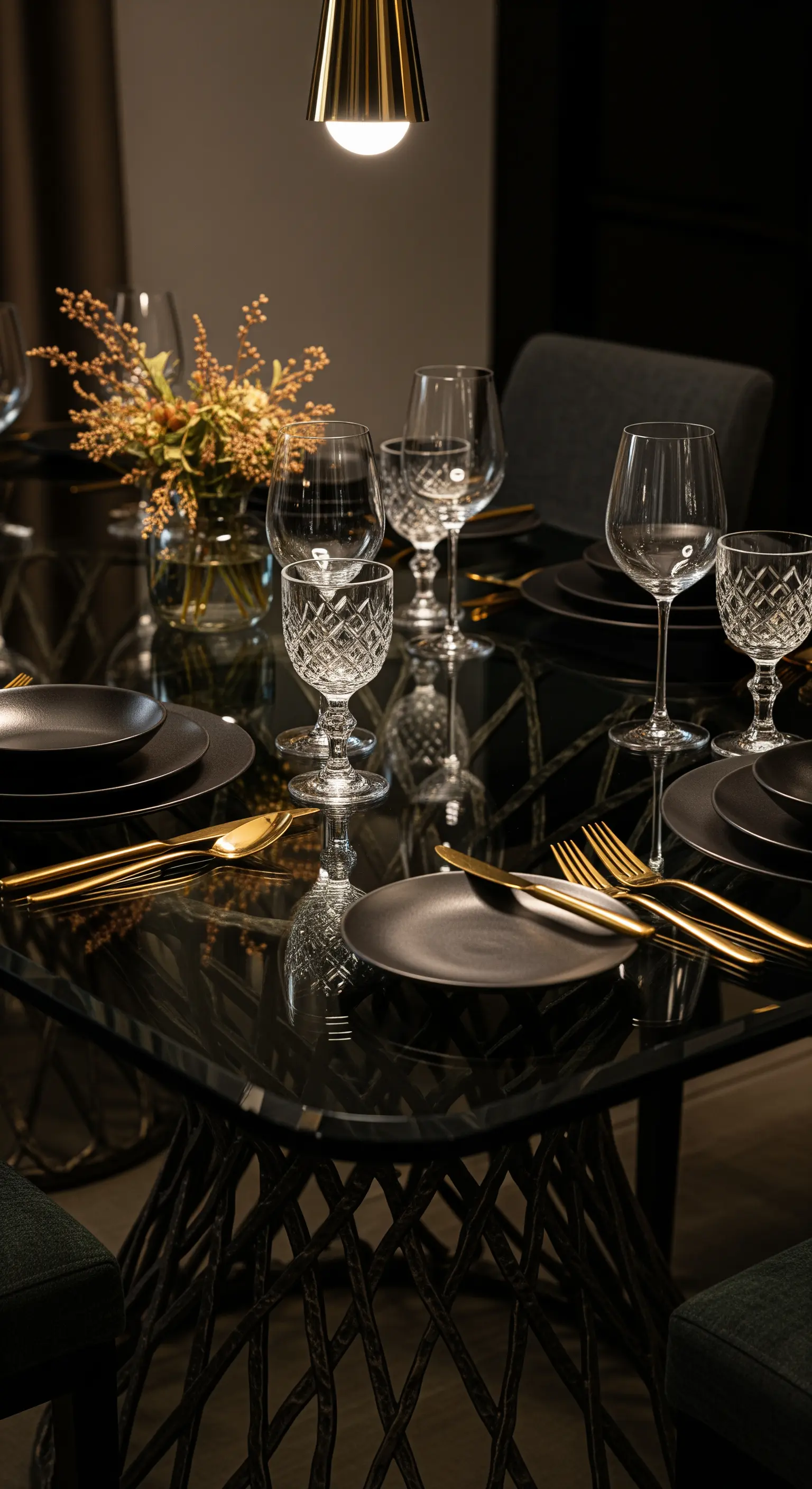 Elegant gedeckter Tisch mit Kristallgläsern, mattschwarzem Geschirr und goldenem Besteck.