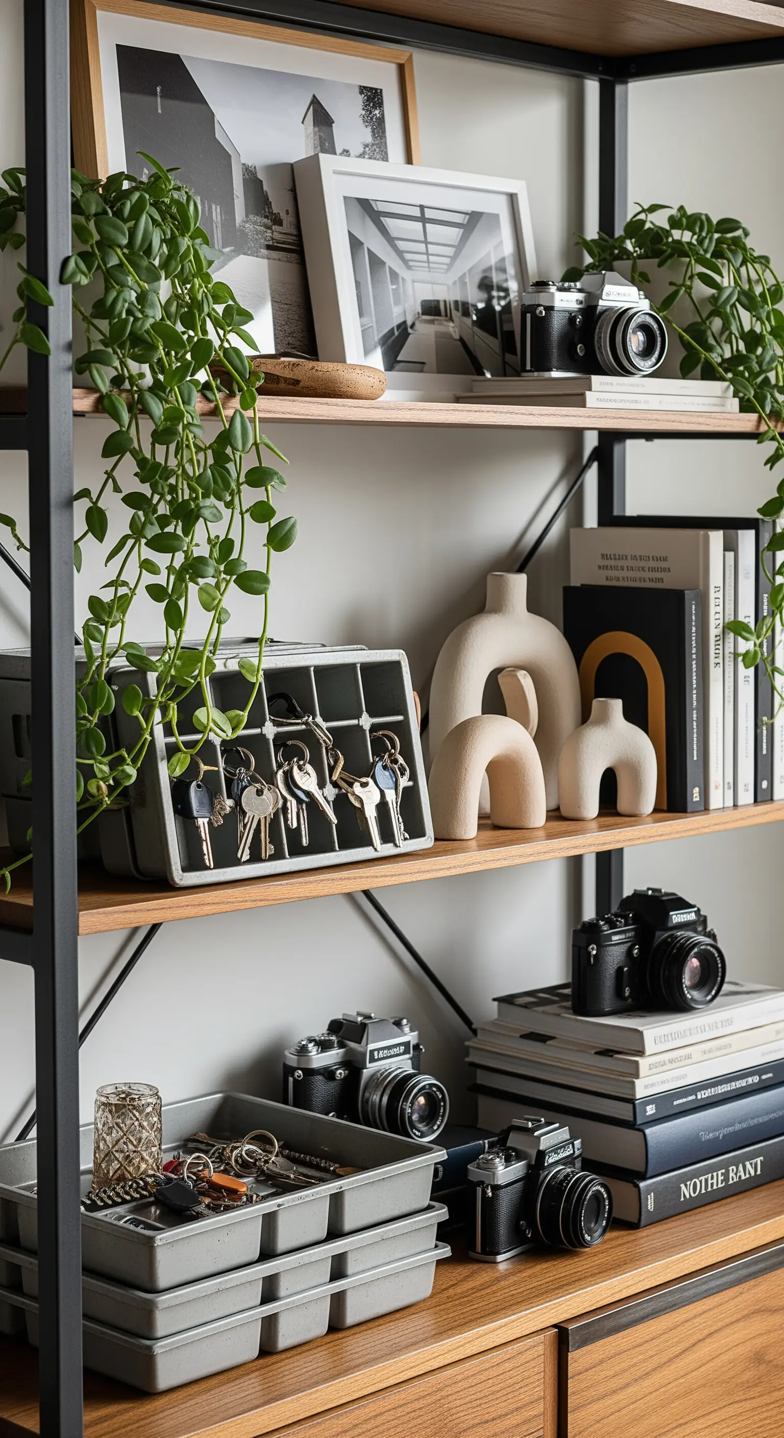 Regal im Industrie-Stil, das Vintage-Kameras, Bücher, Pflanzen und Organizer für Schlüssel kombiniert.