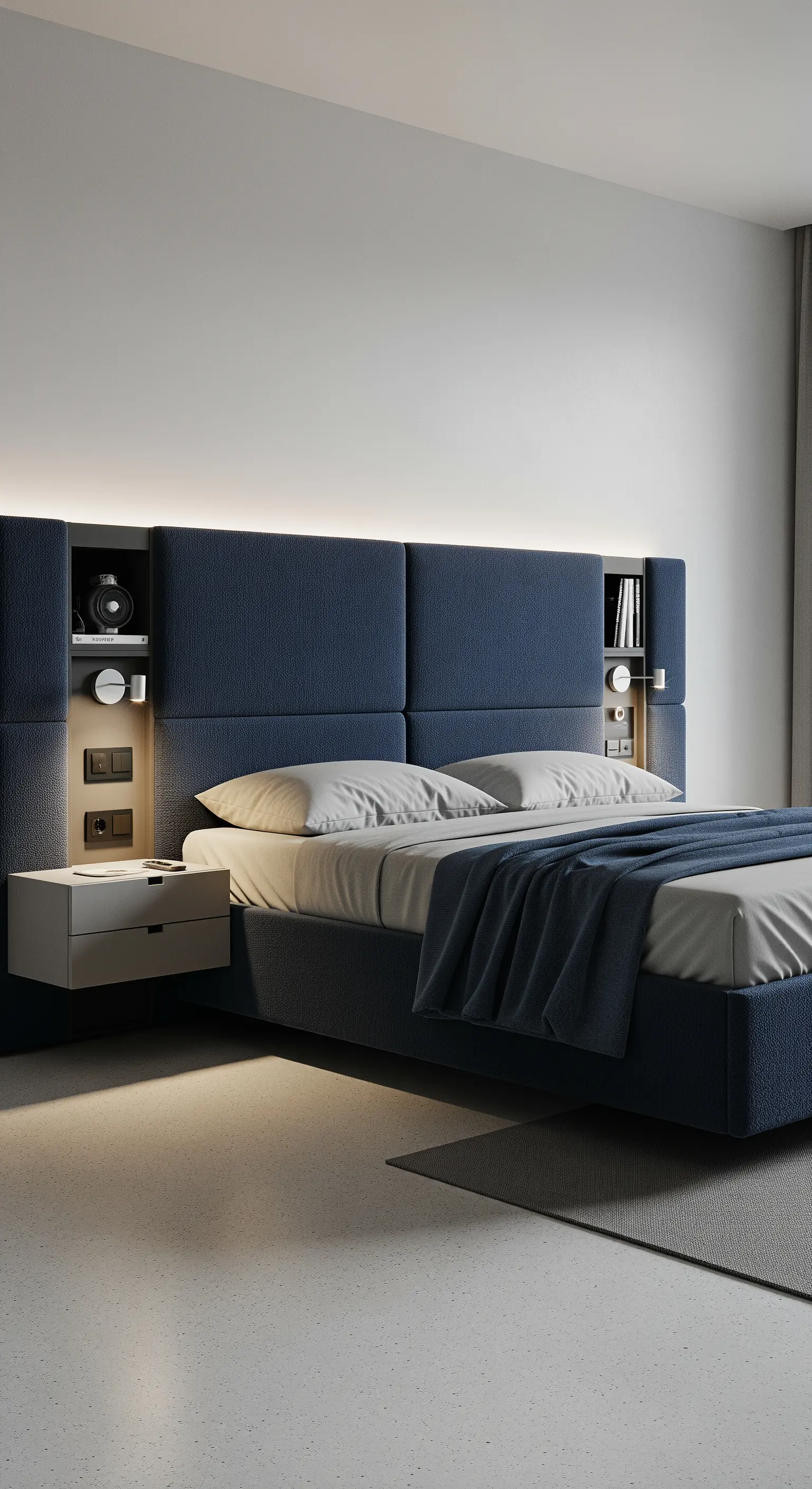 Blaues, wandfüllendes Polsterkopfteil mit integrierten Nischen, Steckdosen und Leseleuchten.