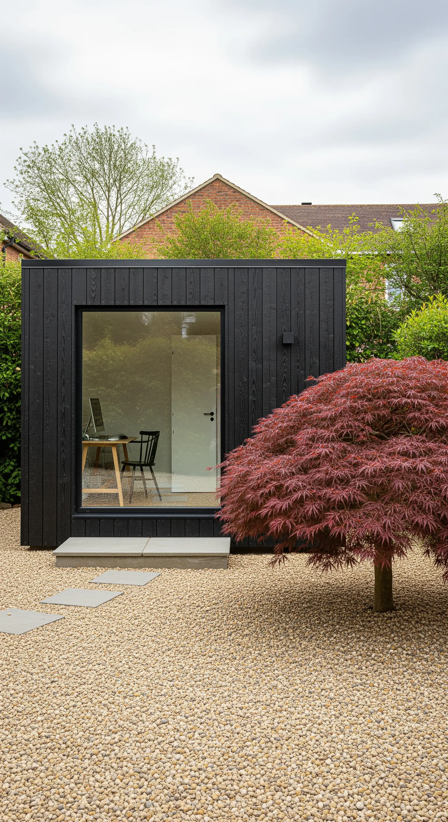 Modernes Gartenbüro als schwarzer Kubus mit großem Fenster in einem Kiesgarten mit Fächerahorn