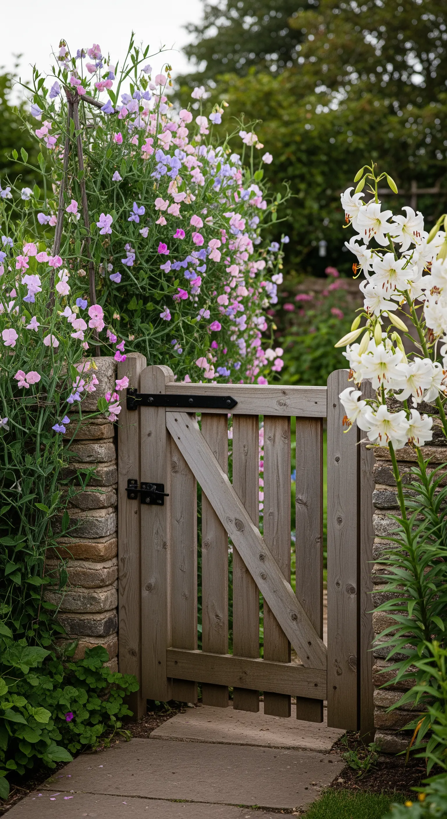 Ein Holztor im Cottage-Stil, flankiert von bunten Duftwicken und weißen Madonnenlilien.