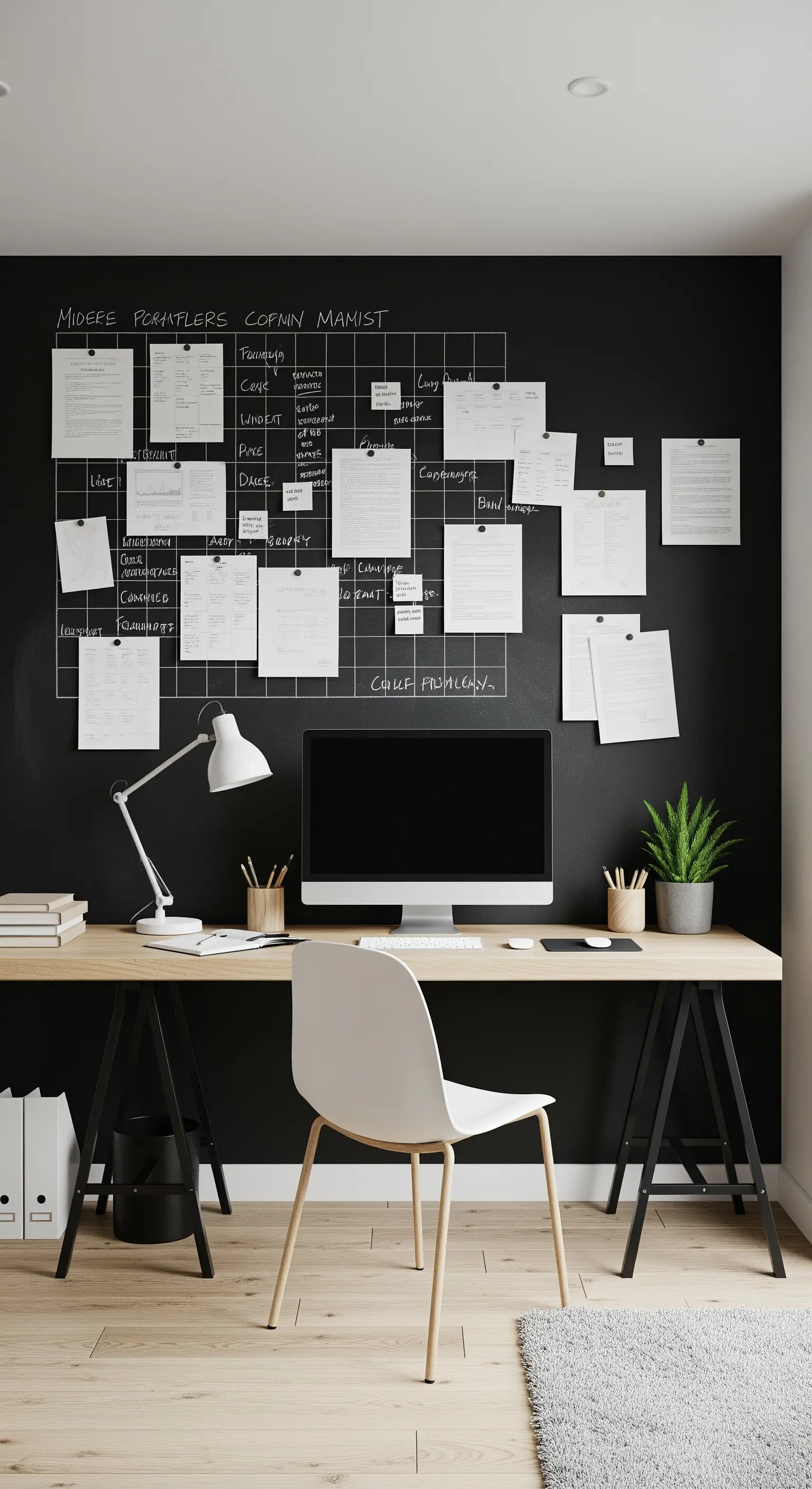 Schwarzes Drahtgitter an einer Tafelwand dient als Organizer für Notizen über einem Schreibtisch.