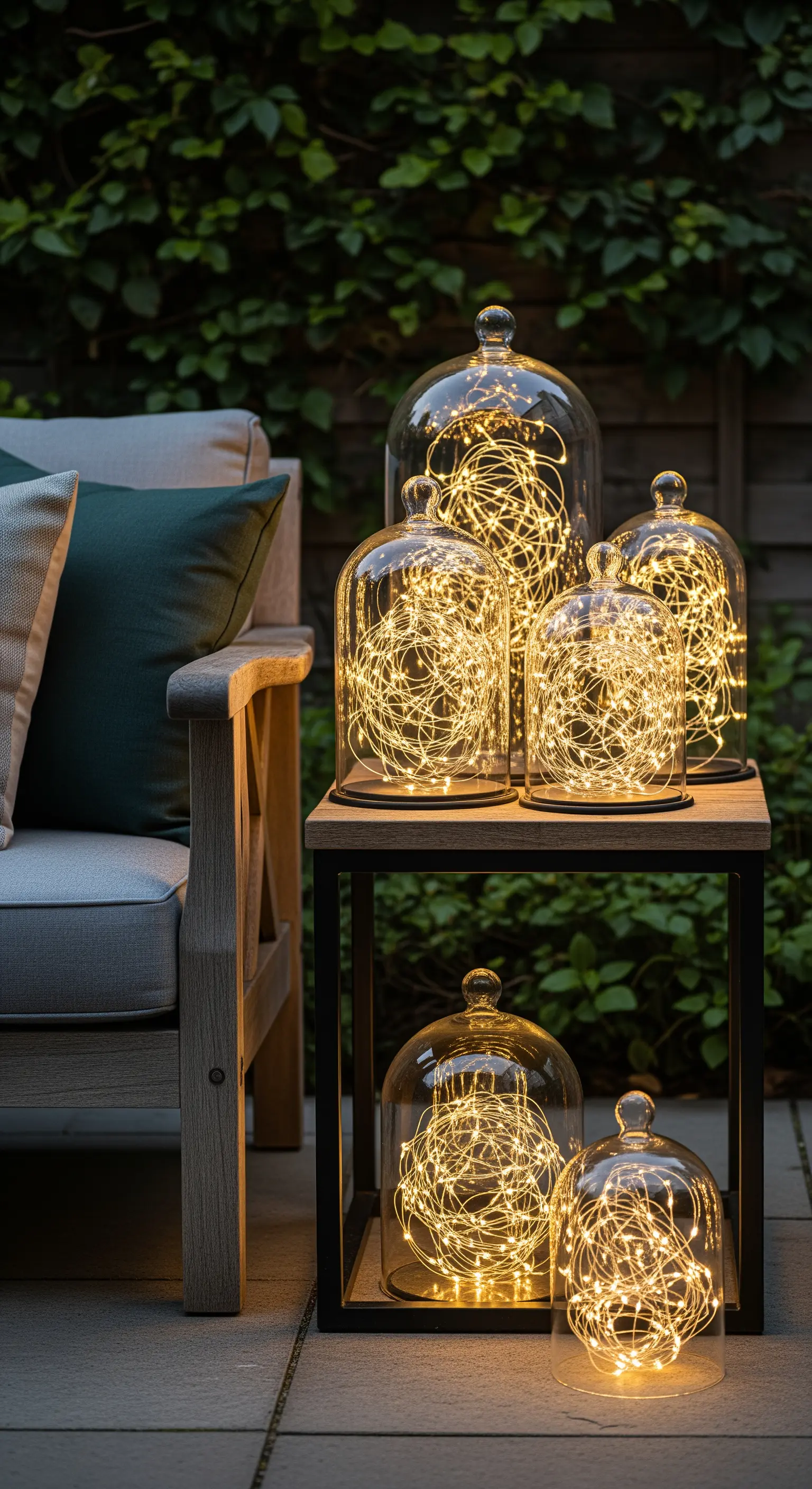 Mehrere Glasglocken unterschiedlicher Größe, gefüllt mit funkelnden Draht-Lichterketten, auf einem Tisch.