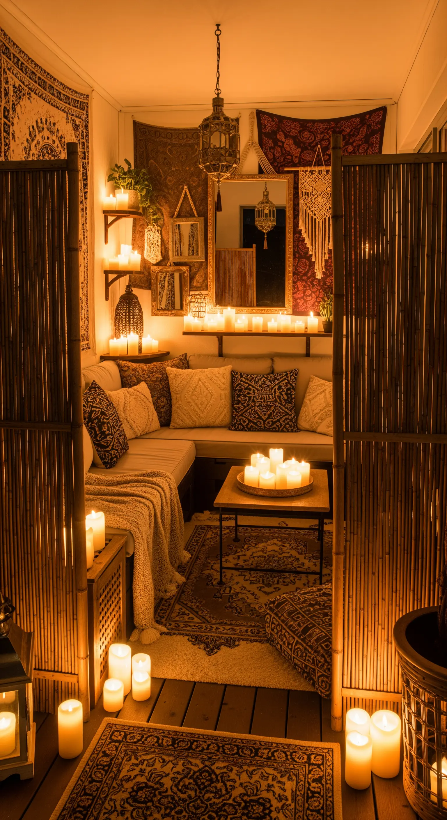 Abgeschirmte Balkonecke mit Bambus-Paravents, Wandteppichen und vielen Kerzen