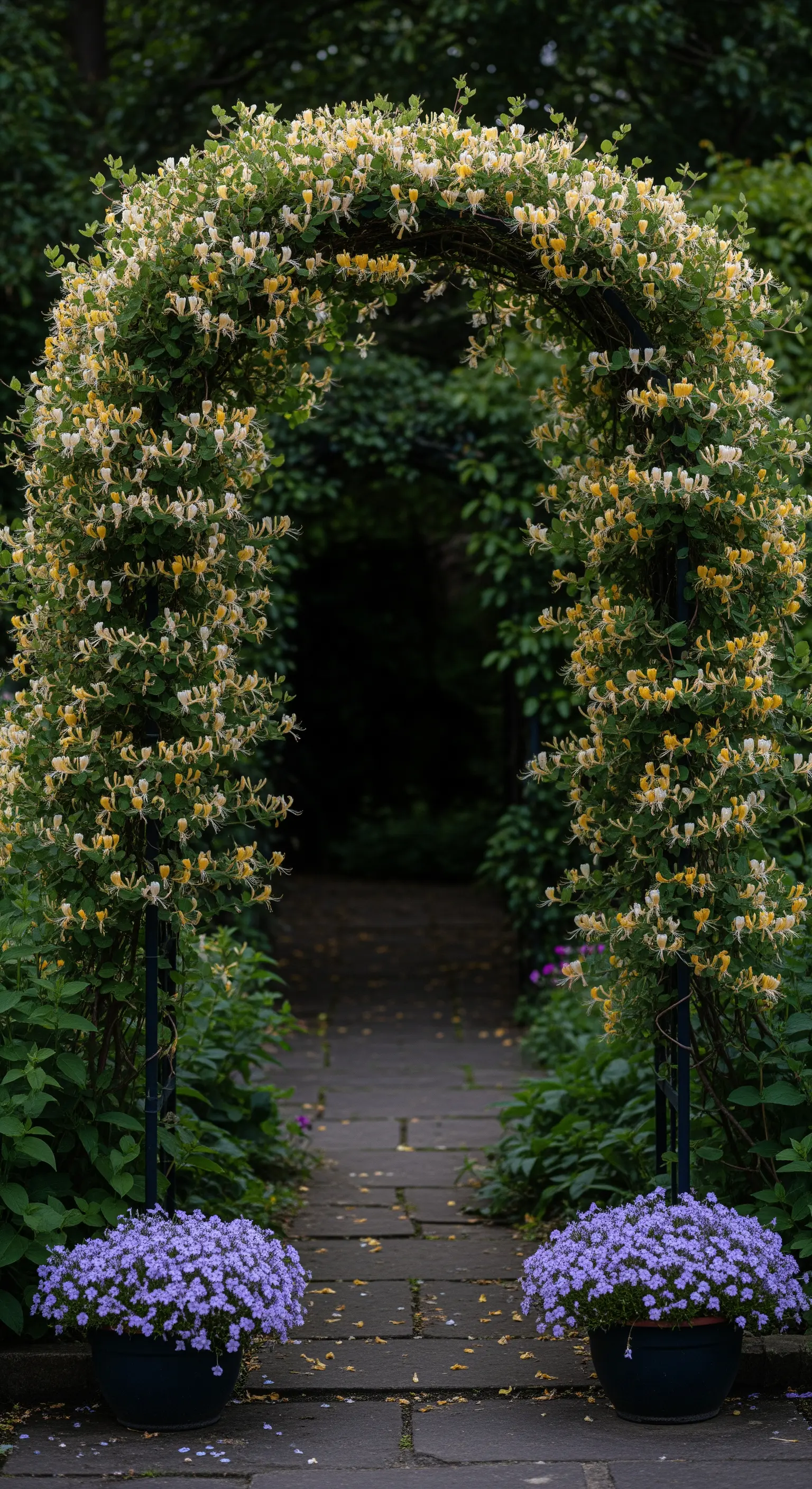 Ein mit gelb-weißem Geißblatt bewachsener Torbogen, der einen Weg in einen lauschigen Garten einrahmt.